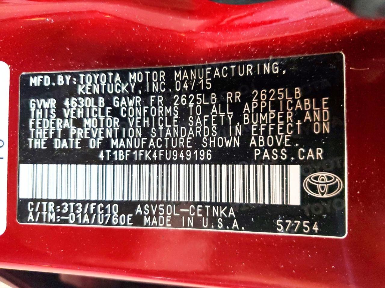 2015 Toyota Camry Le Red vin: 4T1BF1FK4FU949196
