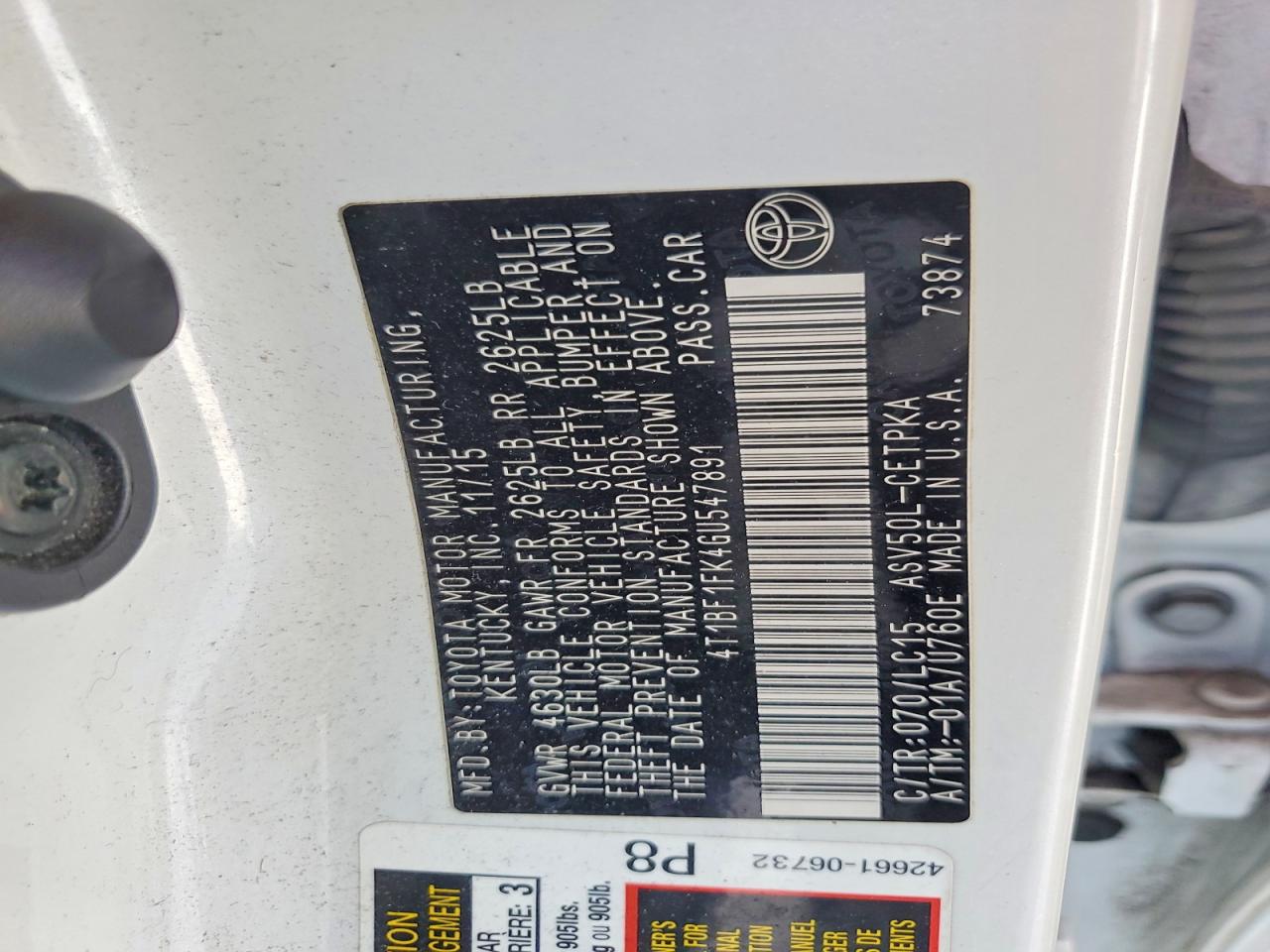 2016 Toyota Camry Le White vin: 4T1BF1FK4GU547891