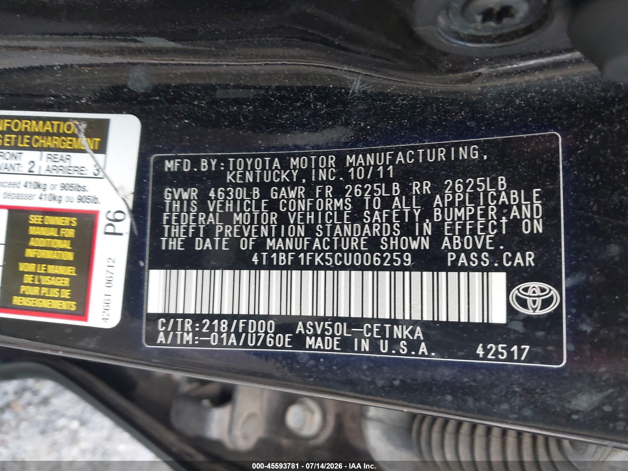 2012 Toyota Camry Le Black vin: 4T1BF1FK5CU006259
