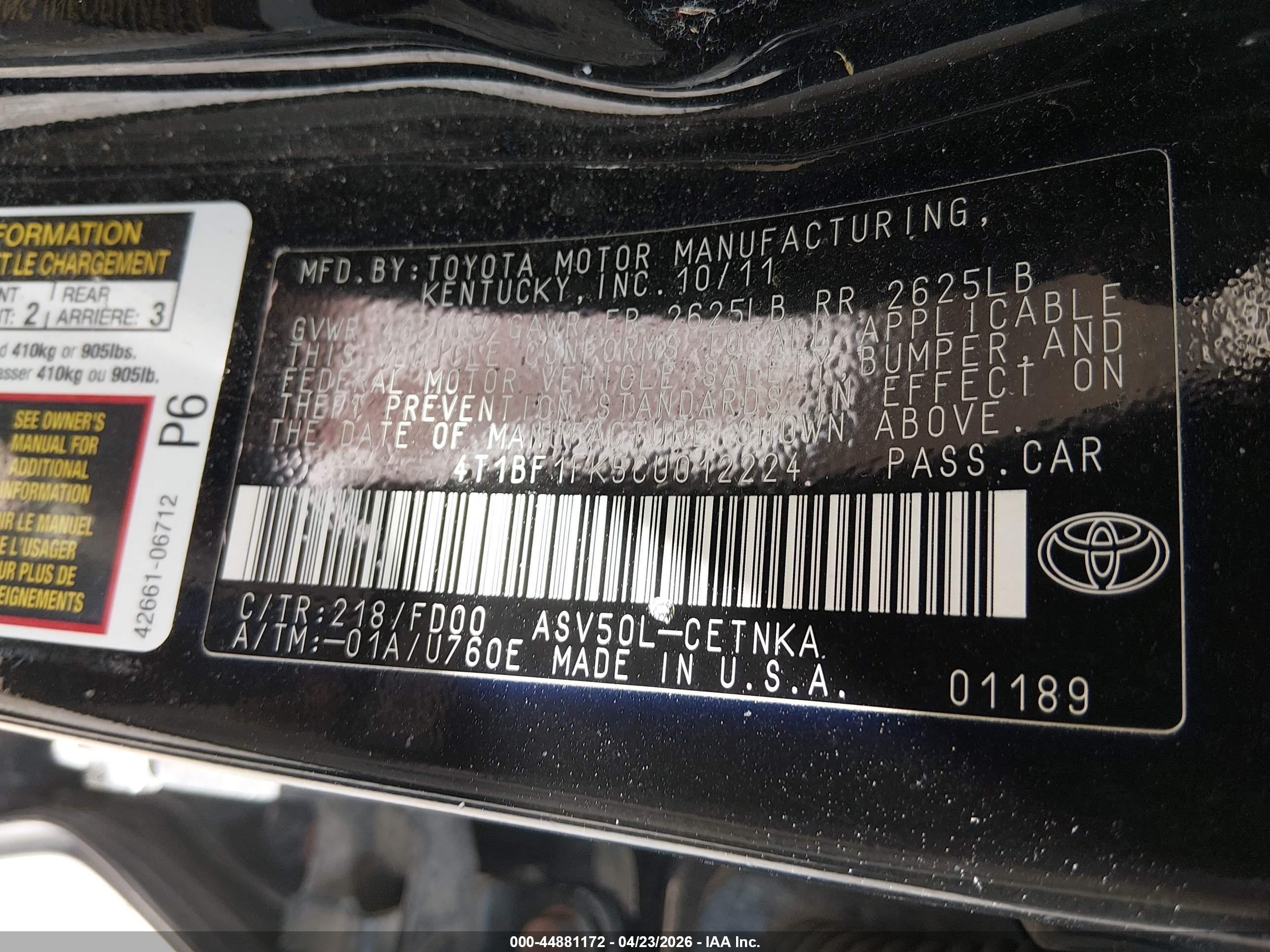 2012 Toyota Camry Le Black vin: 4T1BF1FK5CU012224