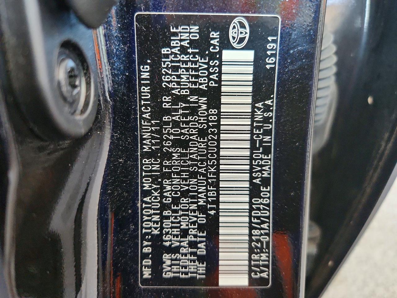 2012 Toyota Camry Le Black vin: 4T1BF1FK5CU023188