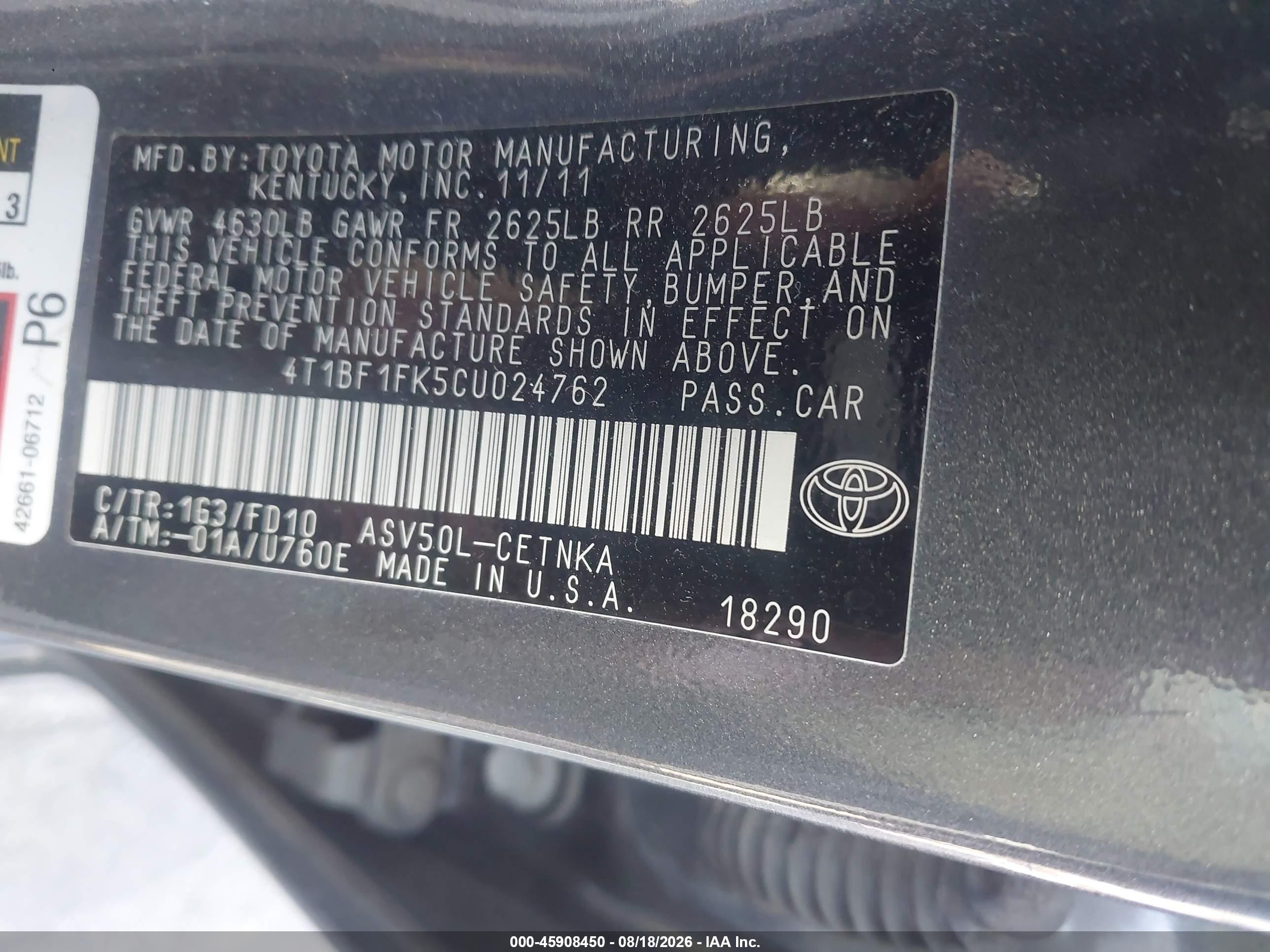 2012 Toyota Camry Le Gray vin: 4T1BF1FK5CU024762