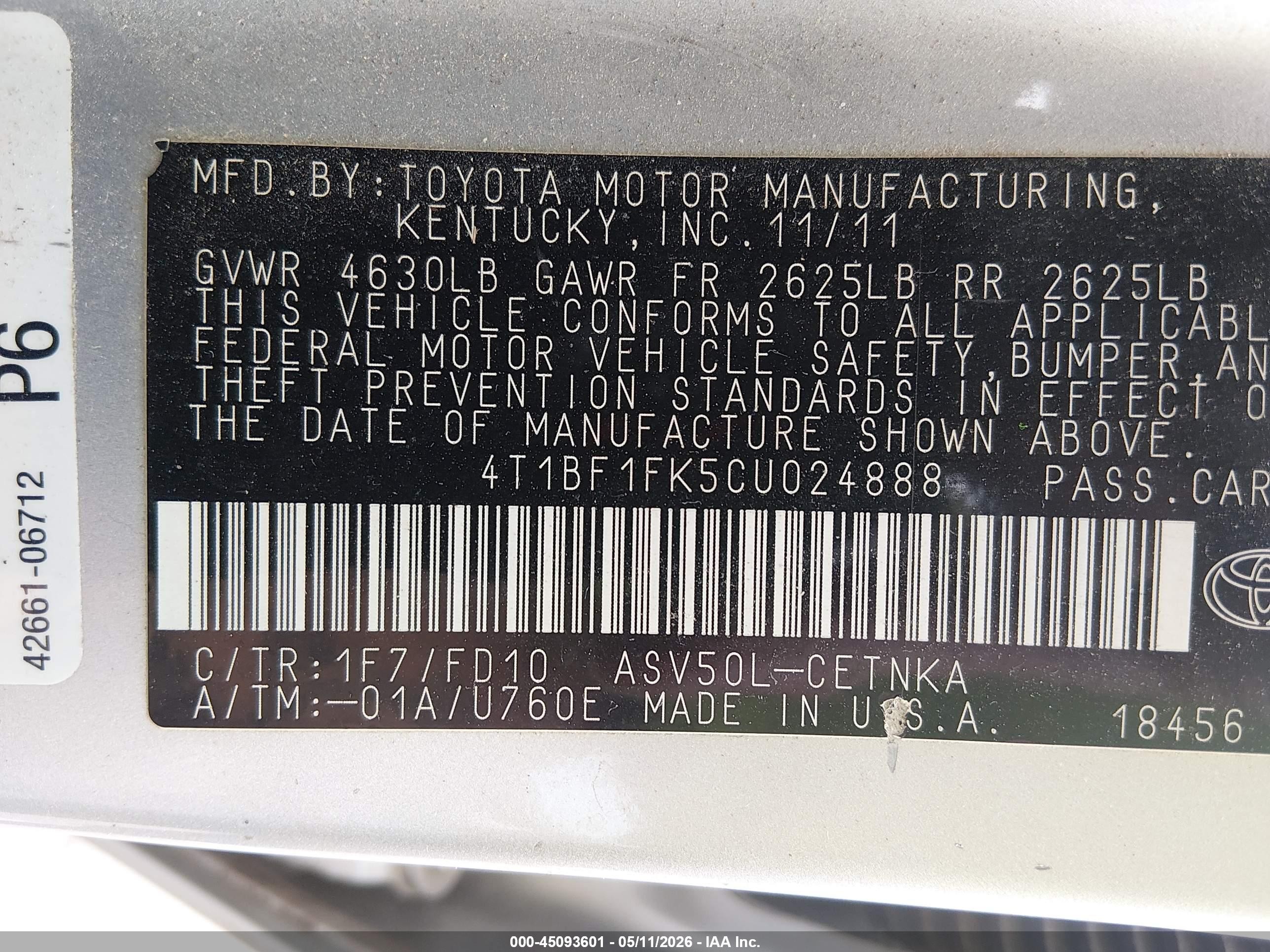 2012 Toyota Camry Le Silver vin: 4T1BF1FK5CU024888