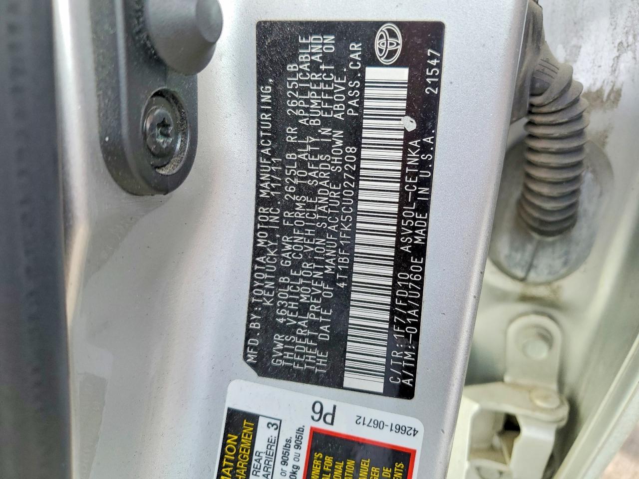 2012 Toyota Camry Le Silver vin: 4T1BF1FK5CU027208
