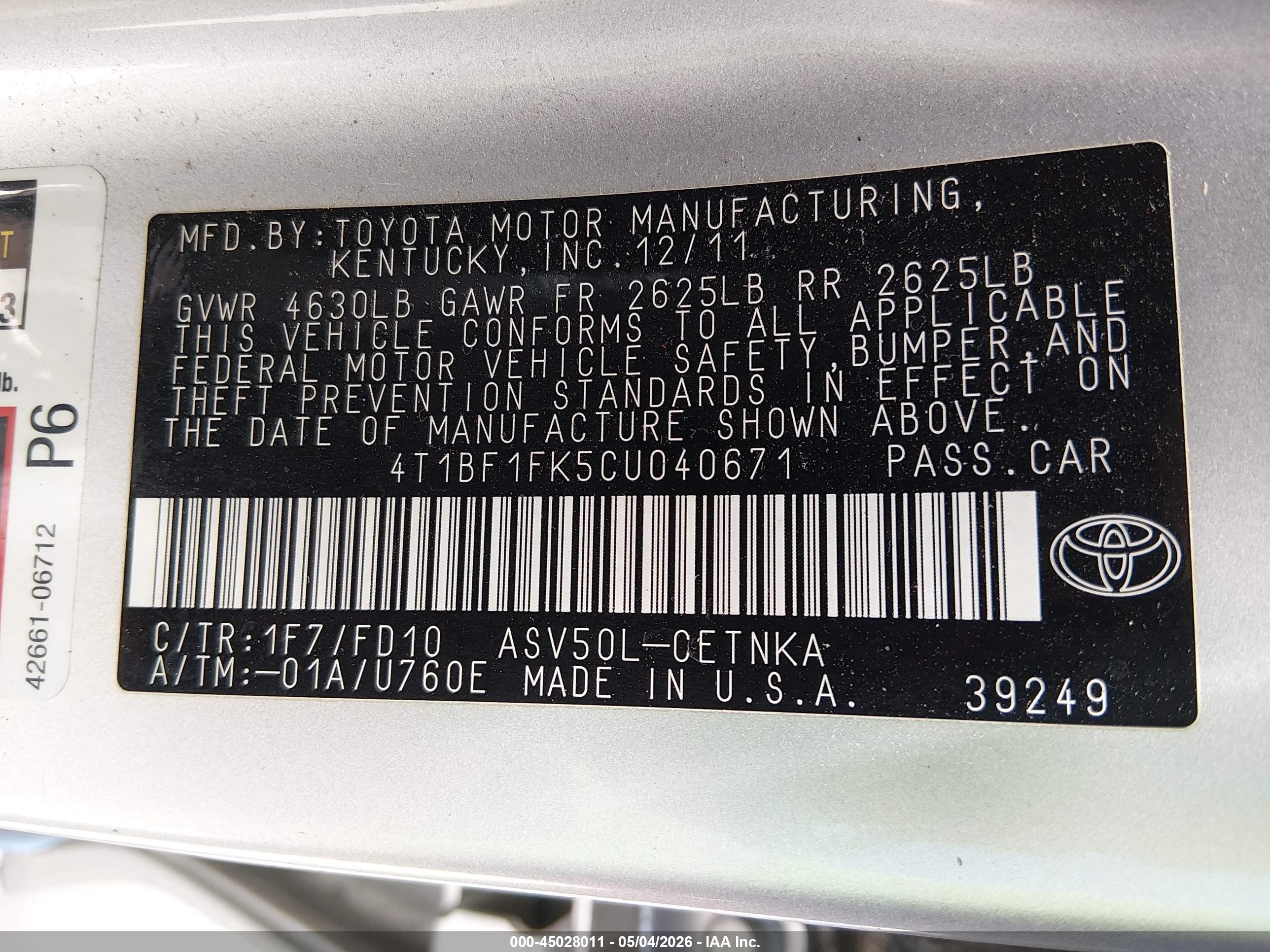 2012 Toyota Camry Le Silver vin: 4T1BF1FK5CU040671