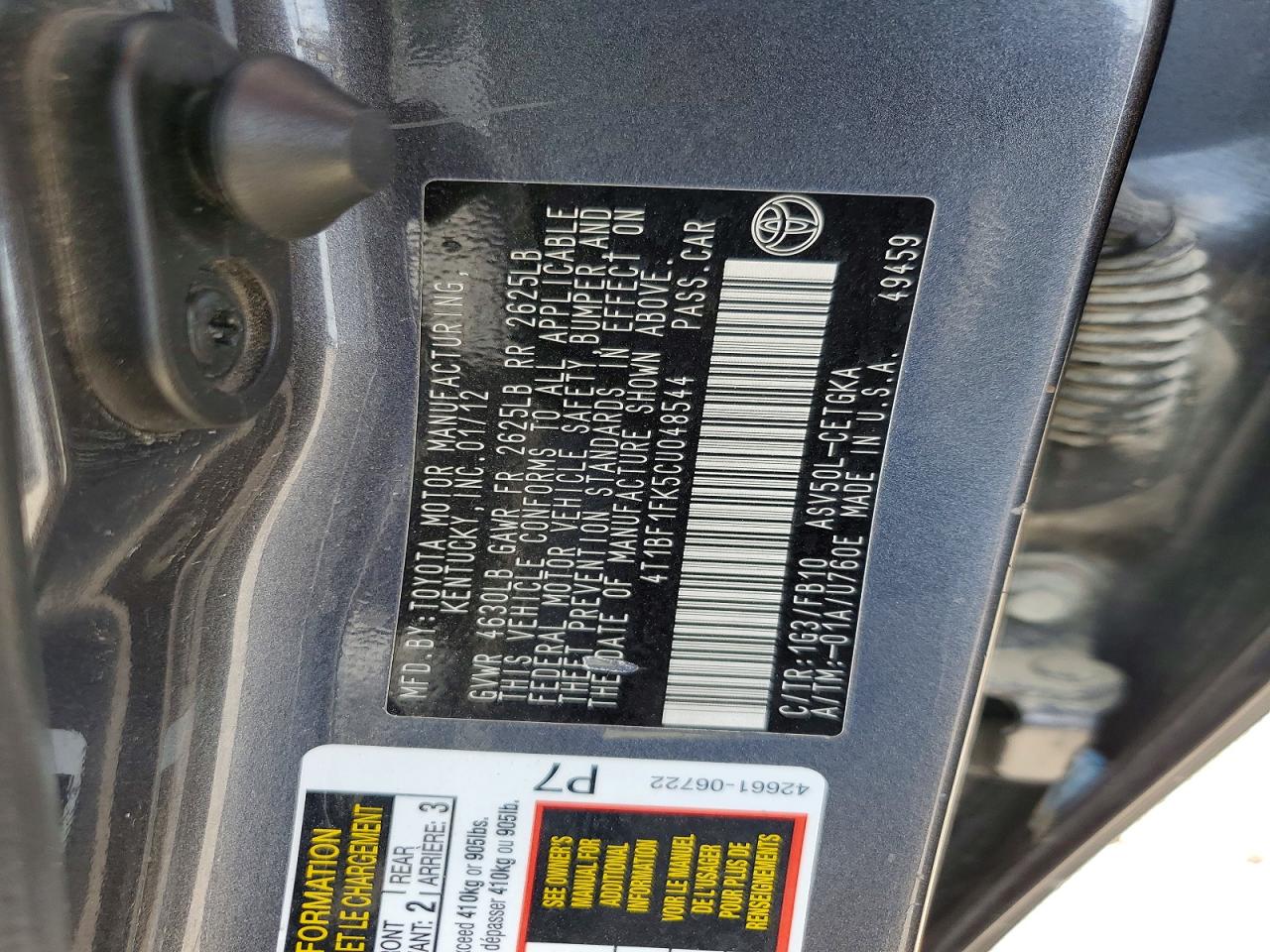 2012 Toyota Camry Xle Gray vin: 4T1BF1FK5CU048544