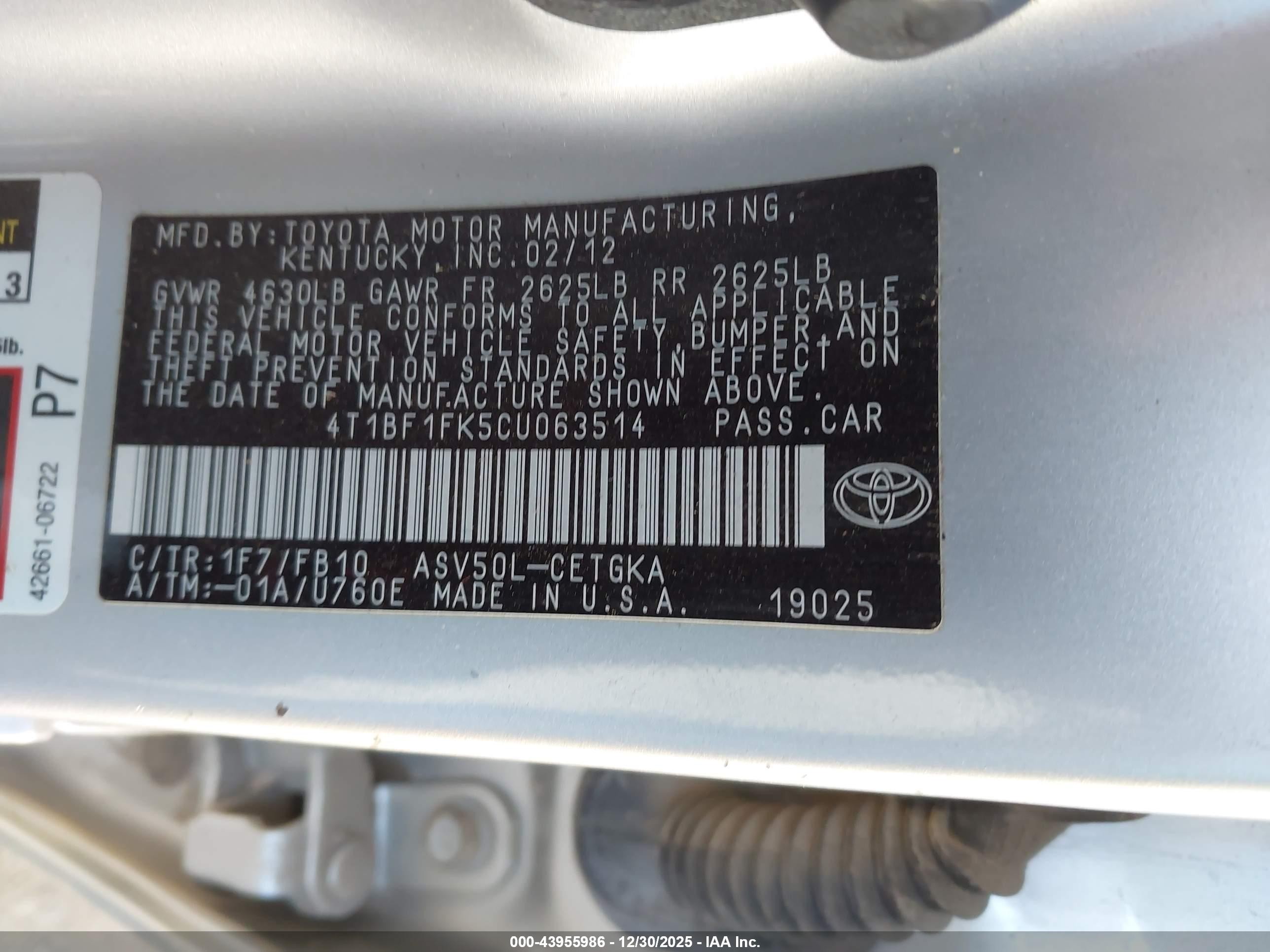 2012 Toyota Camry Xle Silver vin: 4T1BF1FK5CU063514