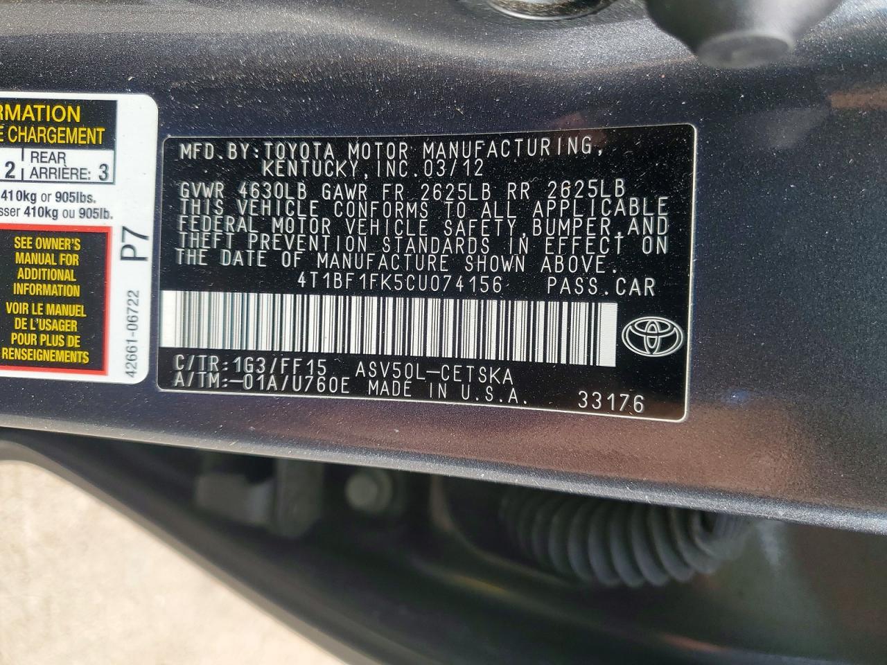 2012 Toyota Camry Se Gray vin: 4T1BF1FK5CU074156