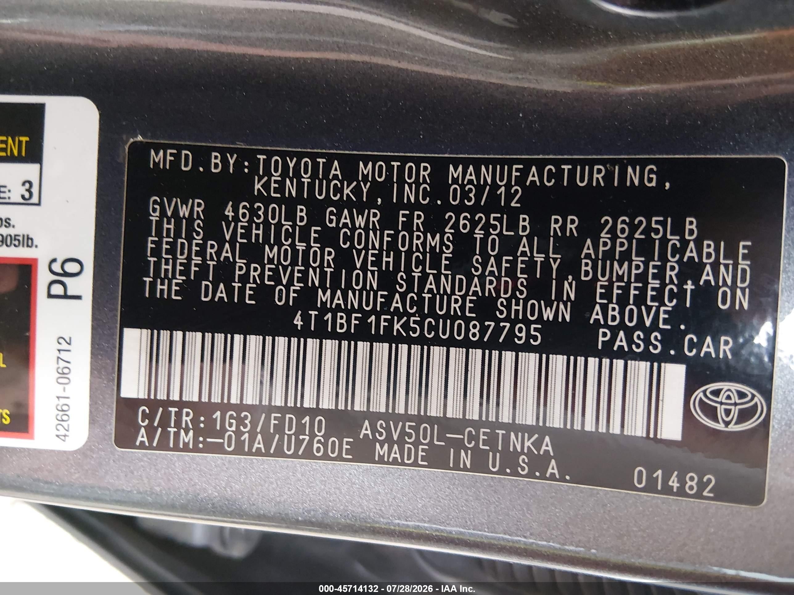 2012 Toyota Camry Le Gray vin: 4T1BF1FK5CU087795