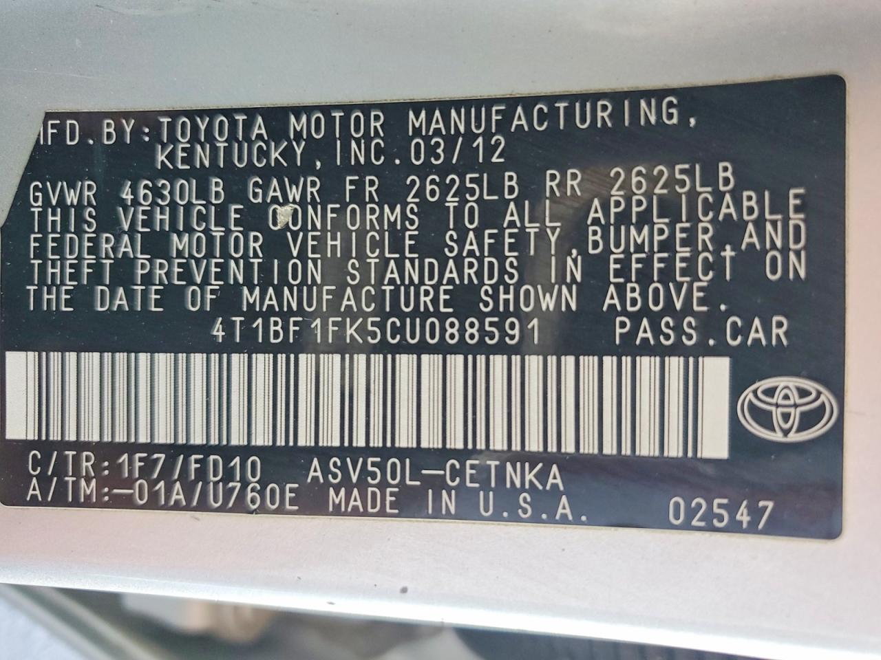 2012 Toyota Camry Le Серебряный vin: 4T1BF1FK5CU088591