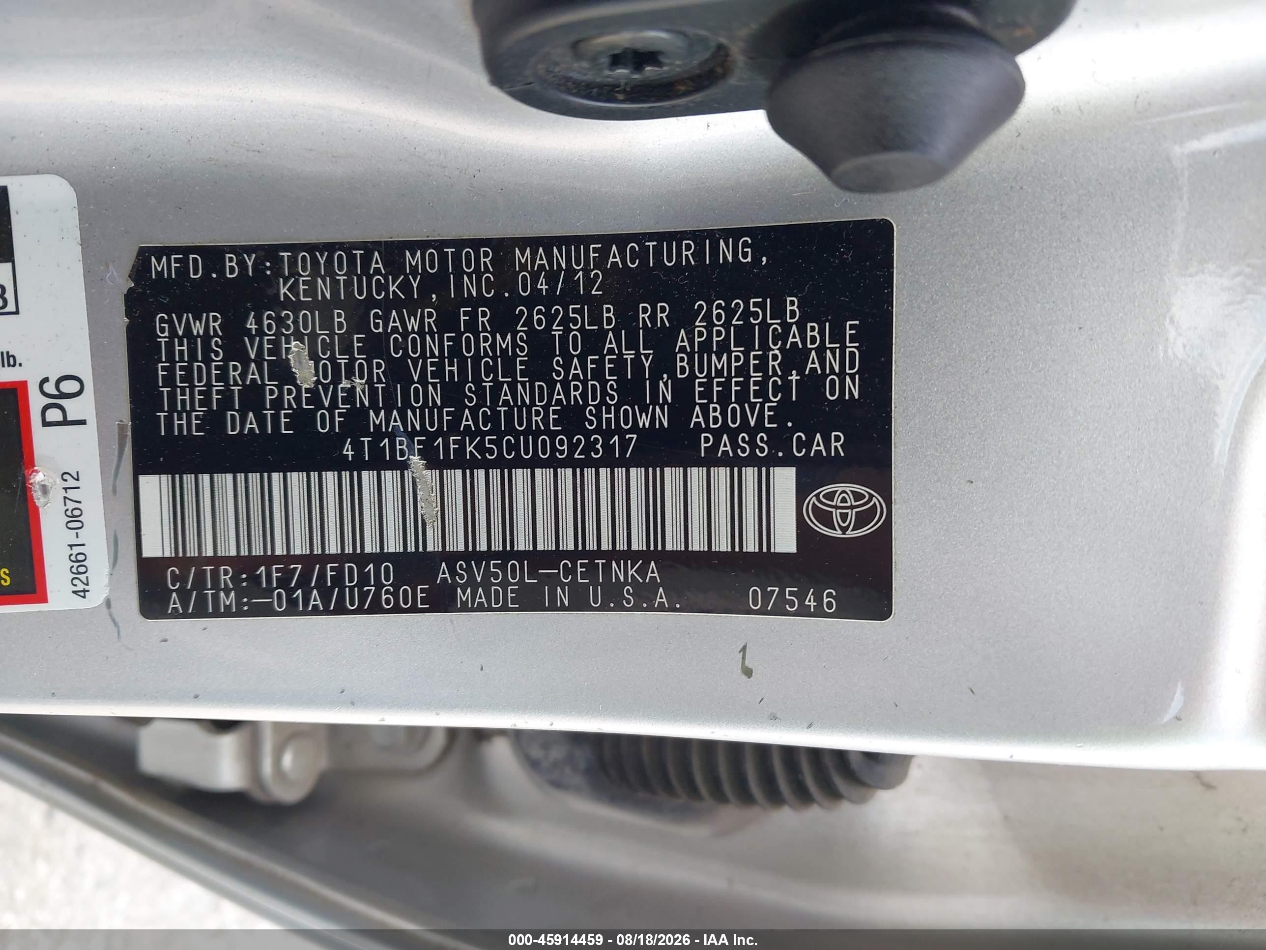 2012 Toyota Camry Le Silver vin: 4T1BF1FK5CU092317