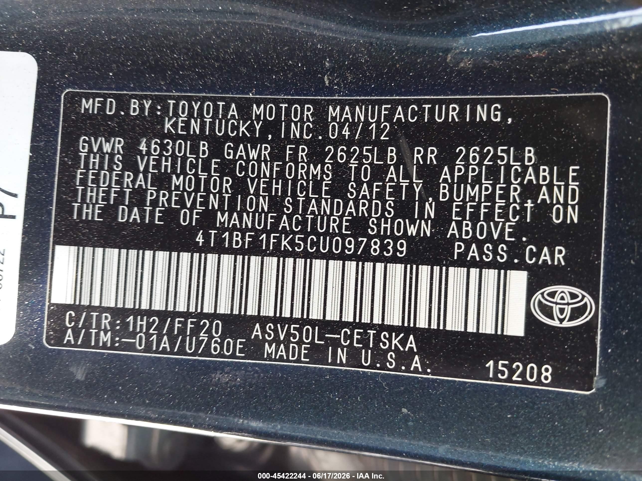 2012 Toyota Camry Se Black vin: 4T1BF1FK5CU097839