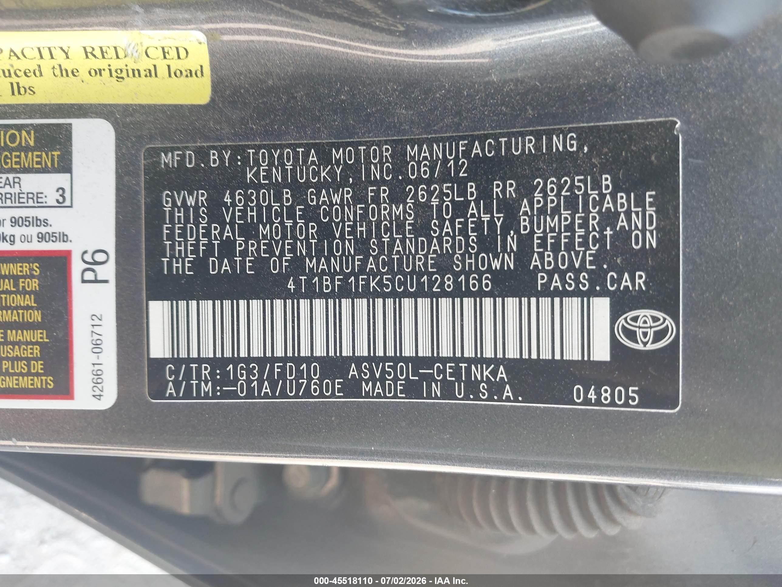 2012 Toyota Camry Le Gray vin: 4T1BF1FK5CU128166