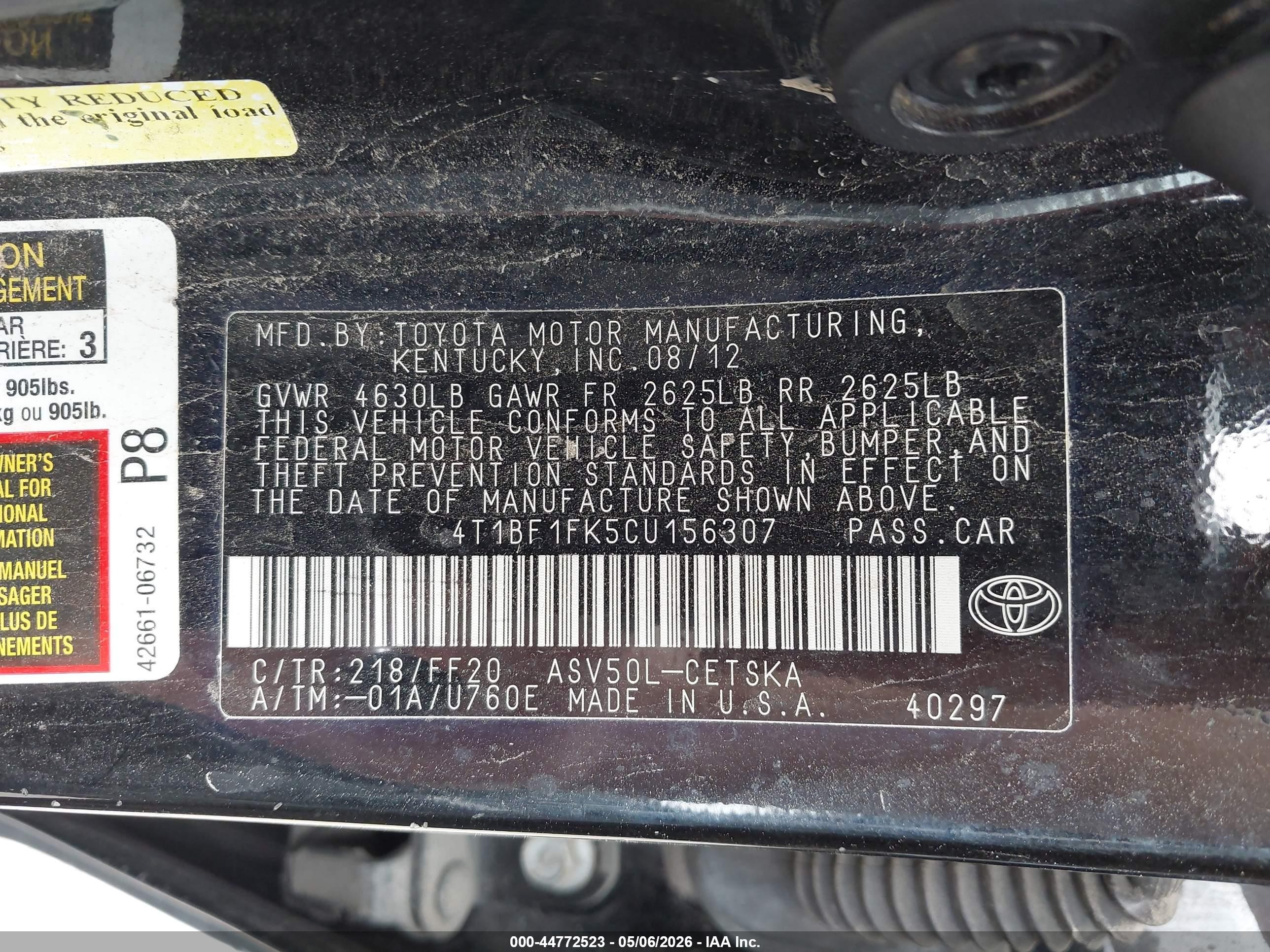 2012 Toyota Camry Se Limited Edition Черный vin: 4T1BF1FK5CU156307