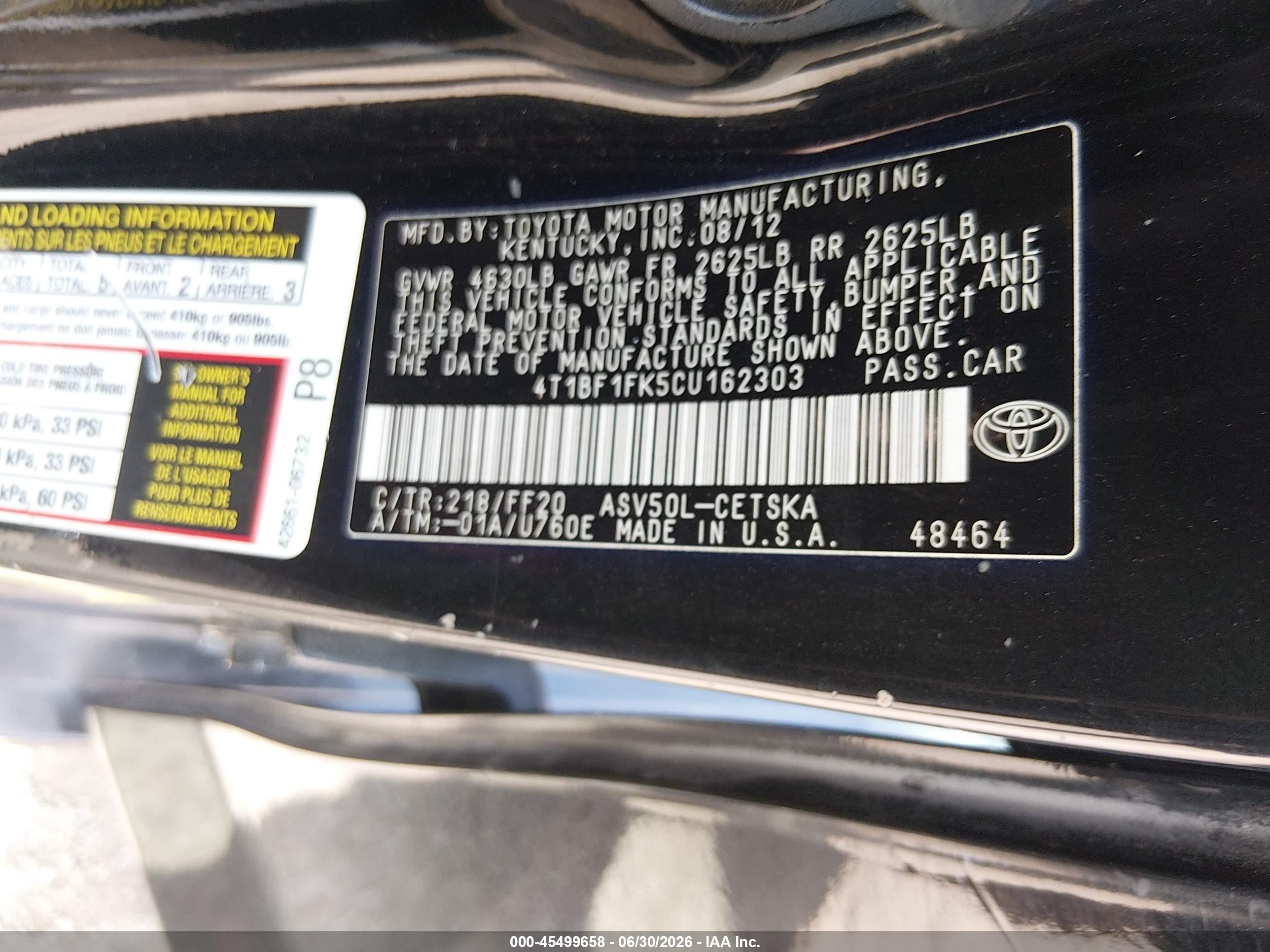 2012 Toyota Camry Se Limited Edition Black vin: 4T1BF1FK5CU162303