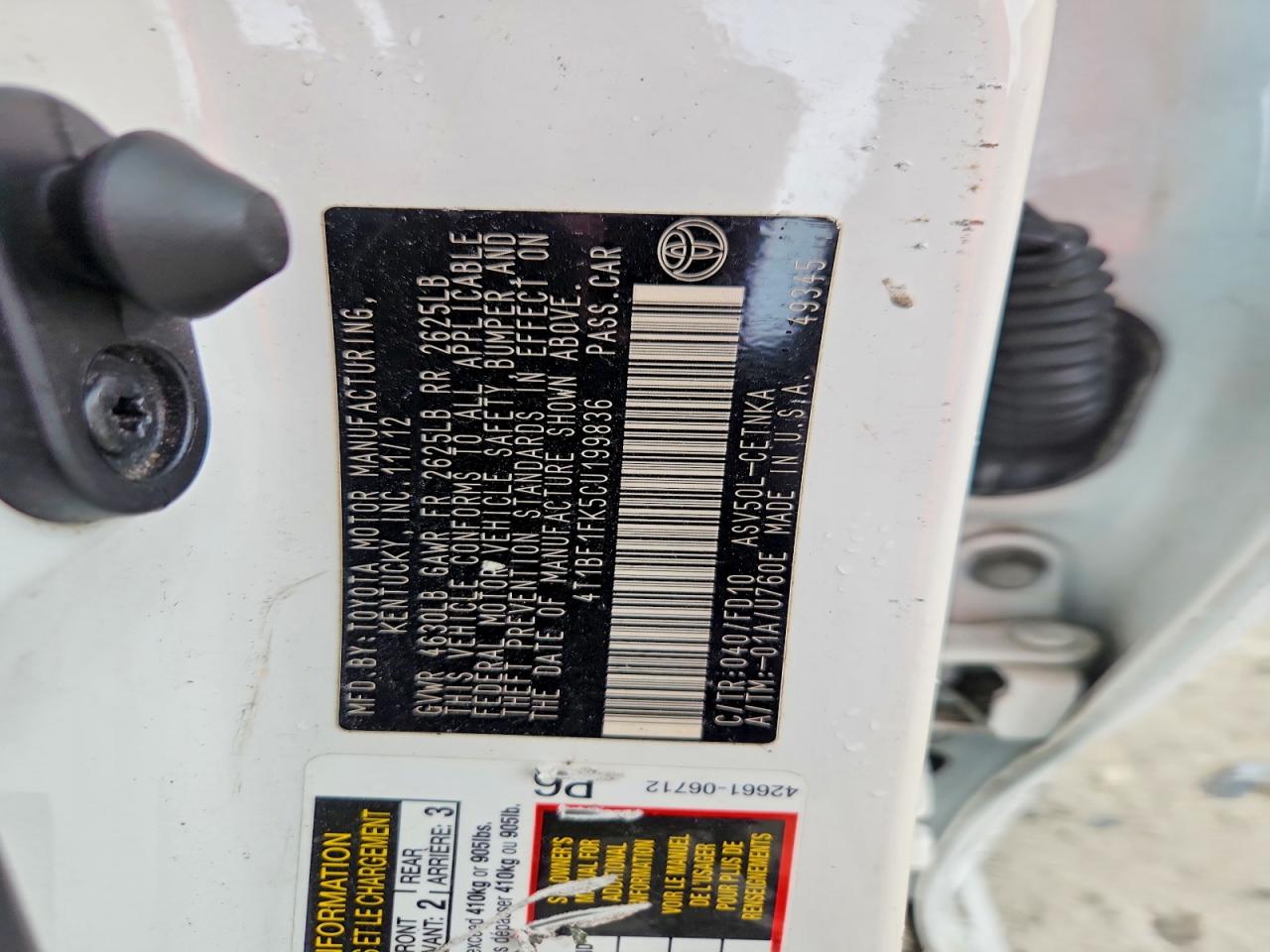 2012 Toyota Camry Le White vin: 4T1BF1FK5CU199836