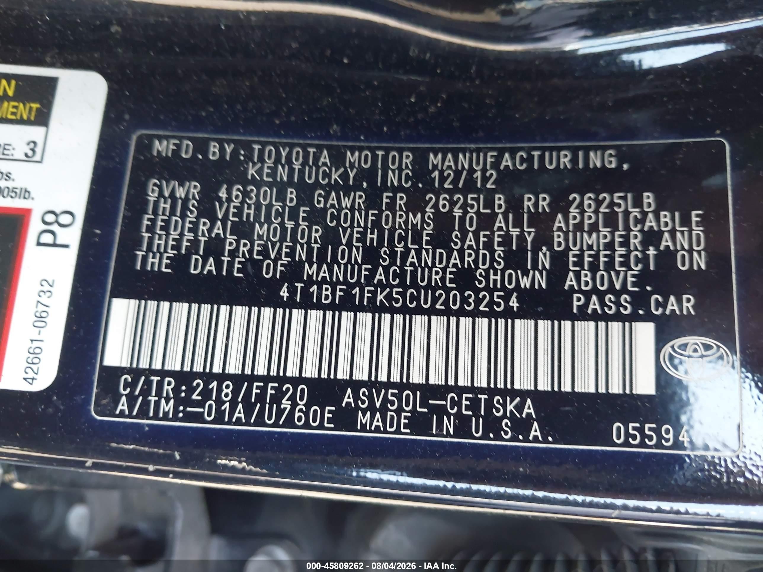 2012 Toyota Camry Se Limited Edition Black vin: 4T1BF1FK5CU203254