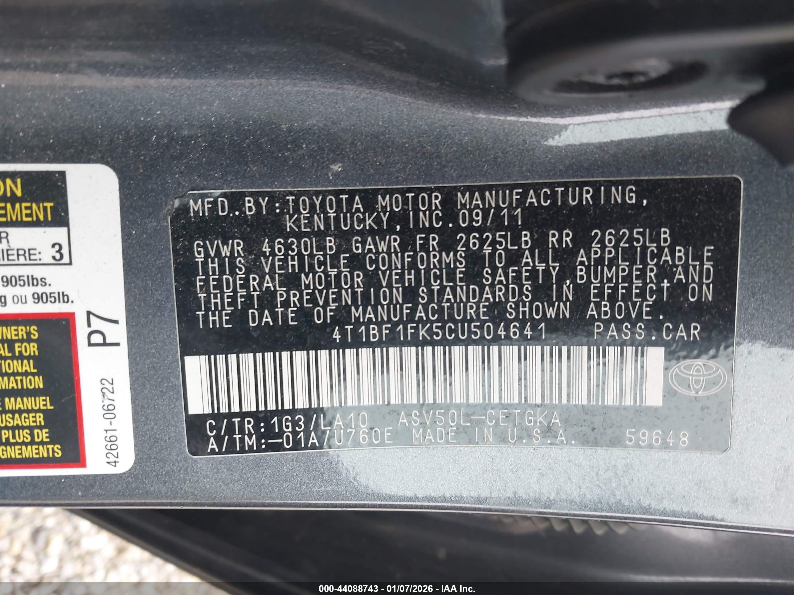2012 Toyota Camry Xle Gray vin: 4T1BF1FK5CU504641