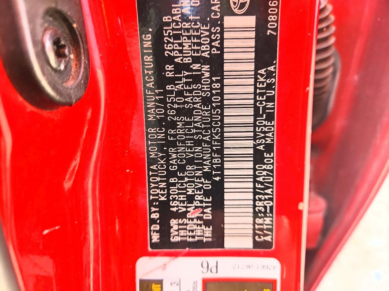 2012 Toyota Camry L Red vin: 4T1BF1FK5CU510181