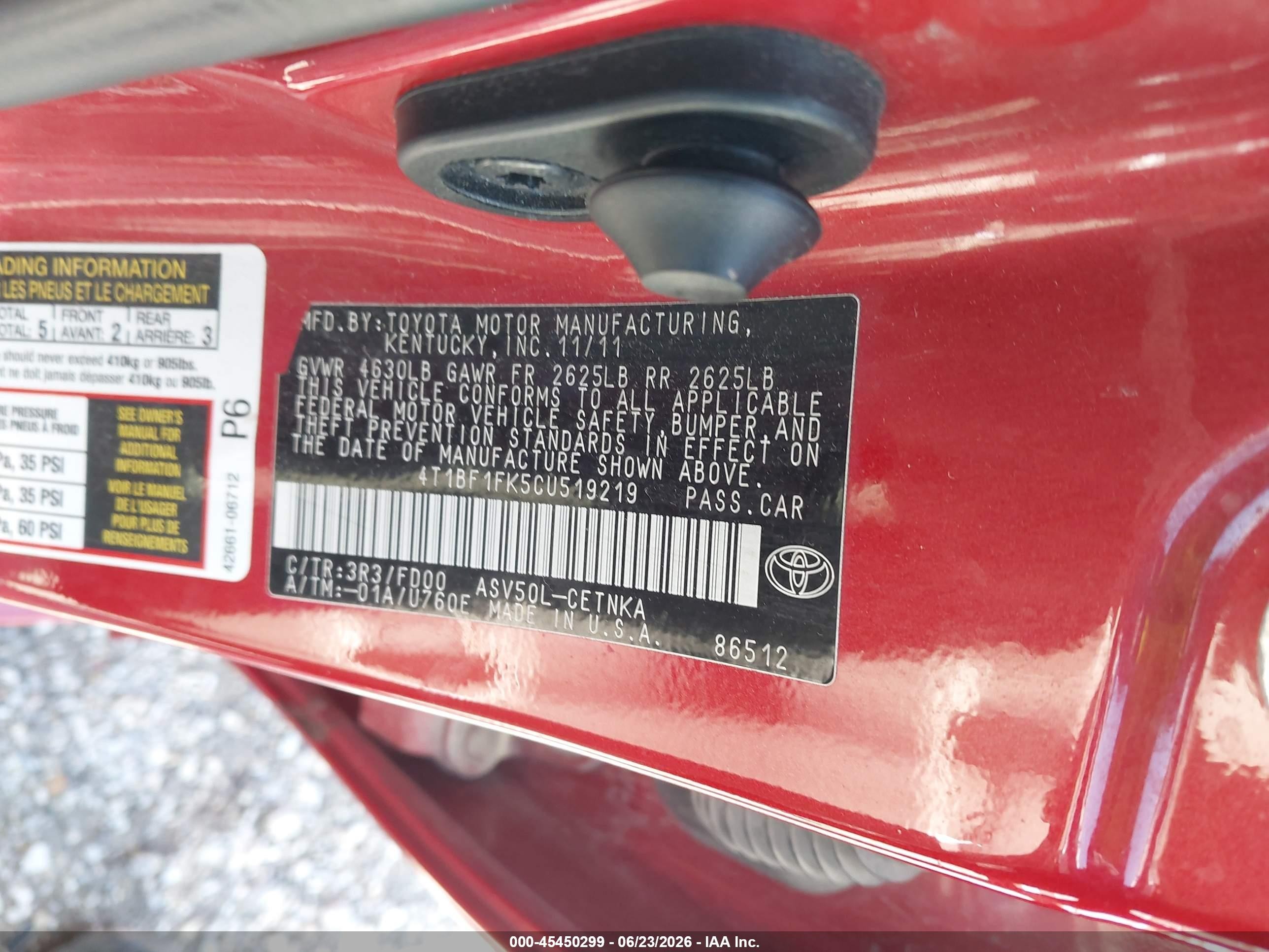 2012 Toyota Camry Le Красный vin: 4T1BF1FK5CU519219