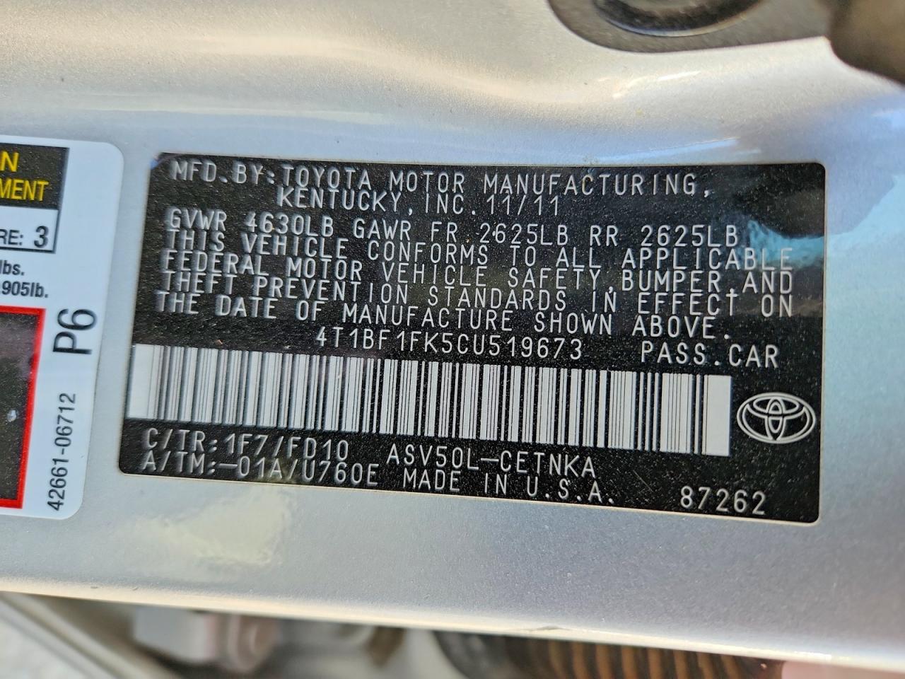2012 Toyota Camry Le Серебряный vin: 4T1BF1FK5CU519673