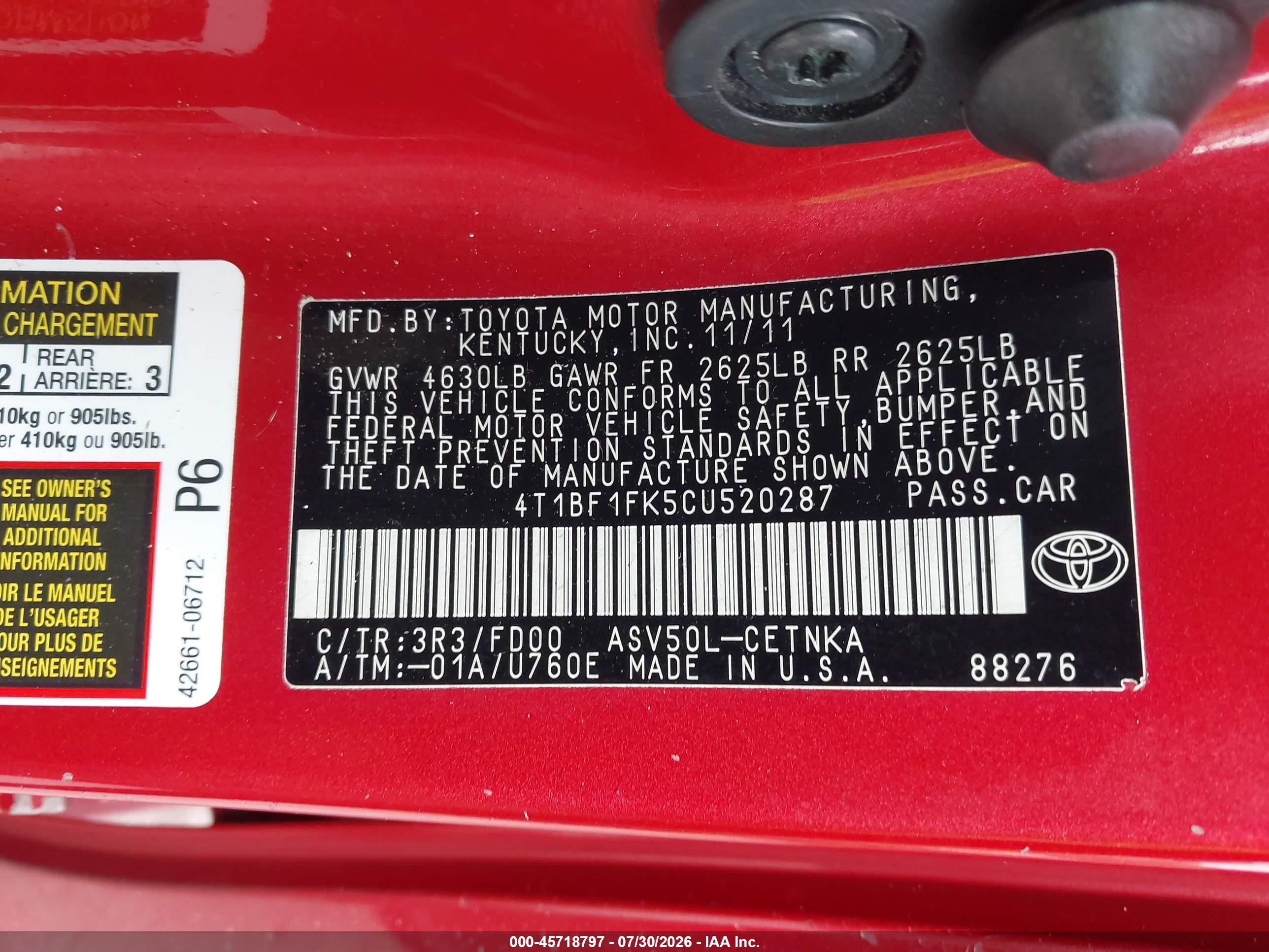 2012 Toyota Camry Le Red vin: 4T1BF1FK5CU520287