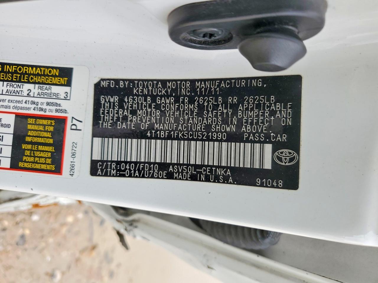 2012 Toyota Camry Le White vin: 4T1BF1FK5CU521990