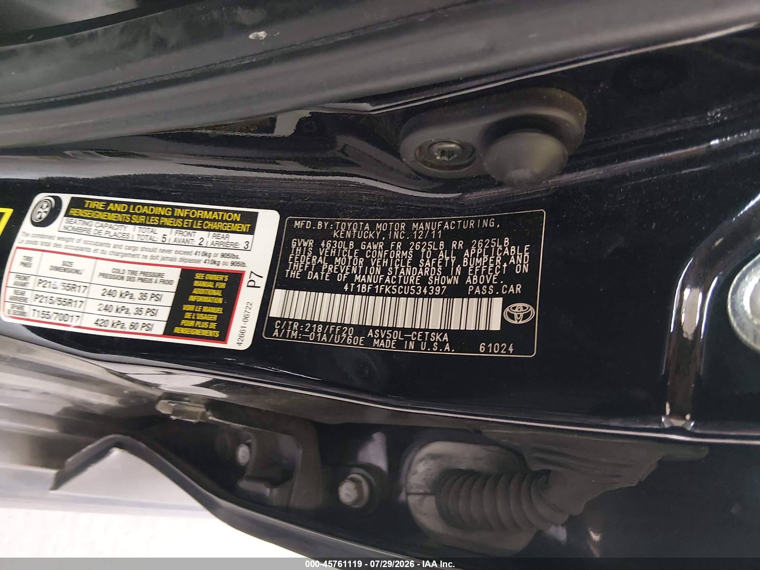 2012 Toyota Camry Se Black vin: 4T1BF1FK5CU534397
