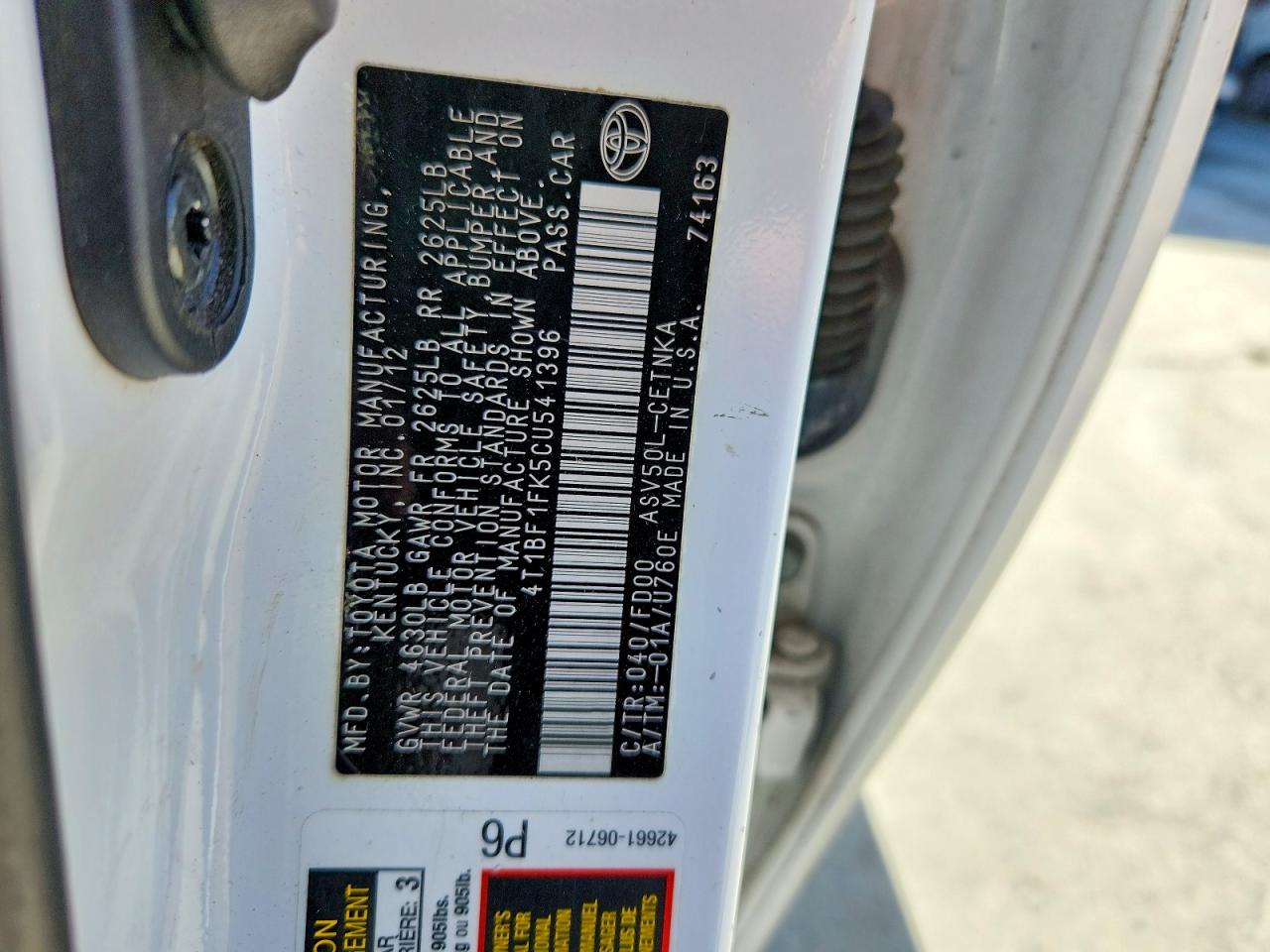 2012 Toyota Camry Le White vin: 4T1BF1FK5CU541396
