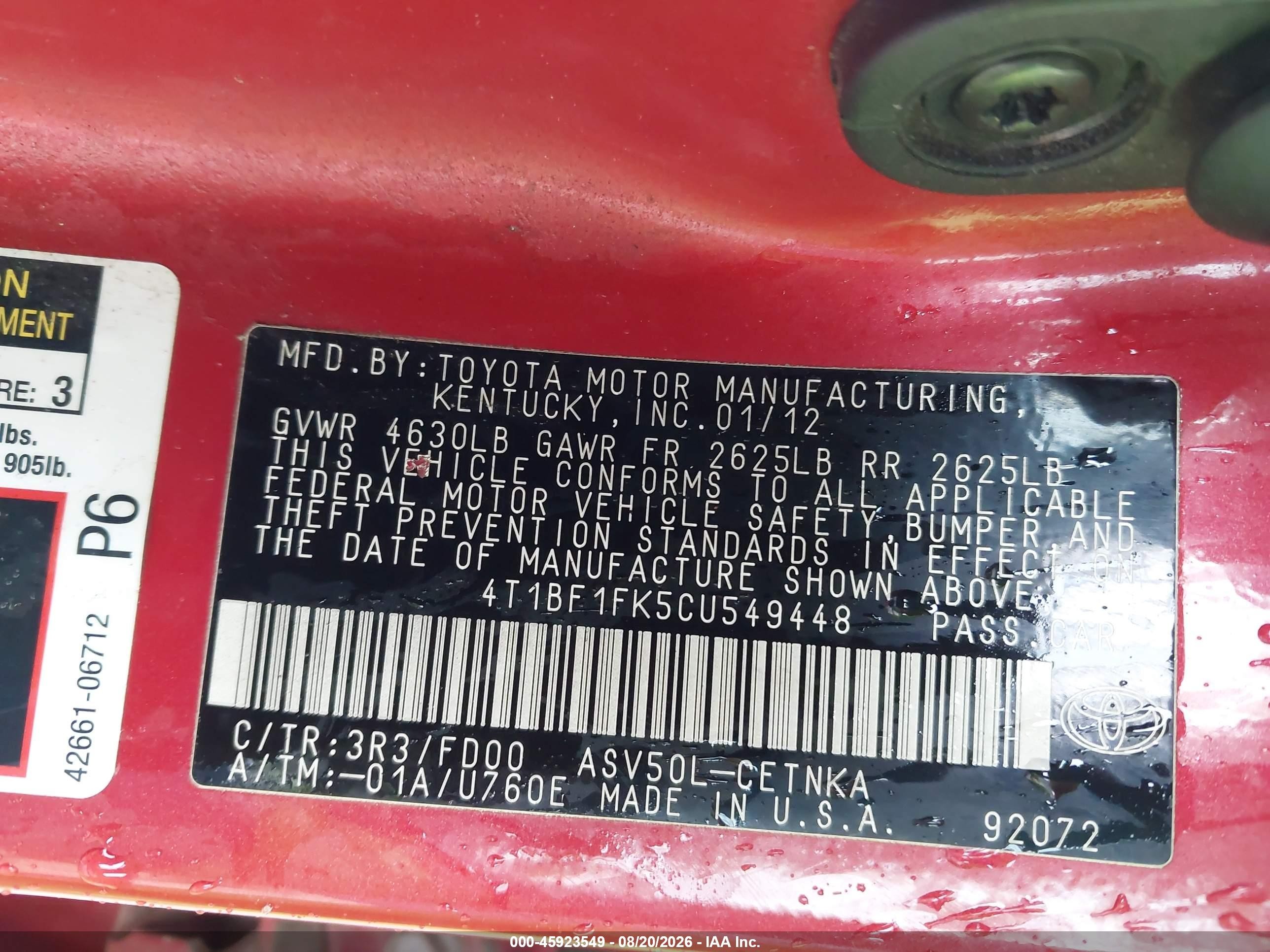 2012 Toyota Camry Le Red vin: 4T1BF1FK5CU549448