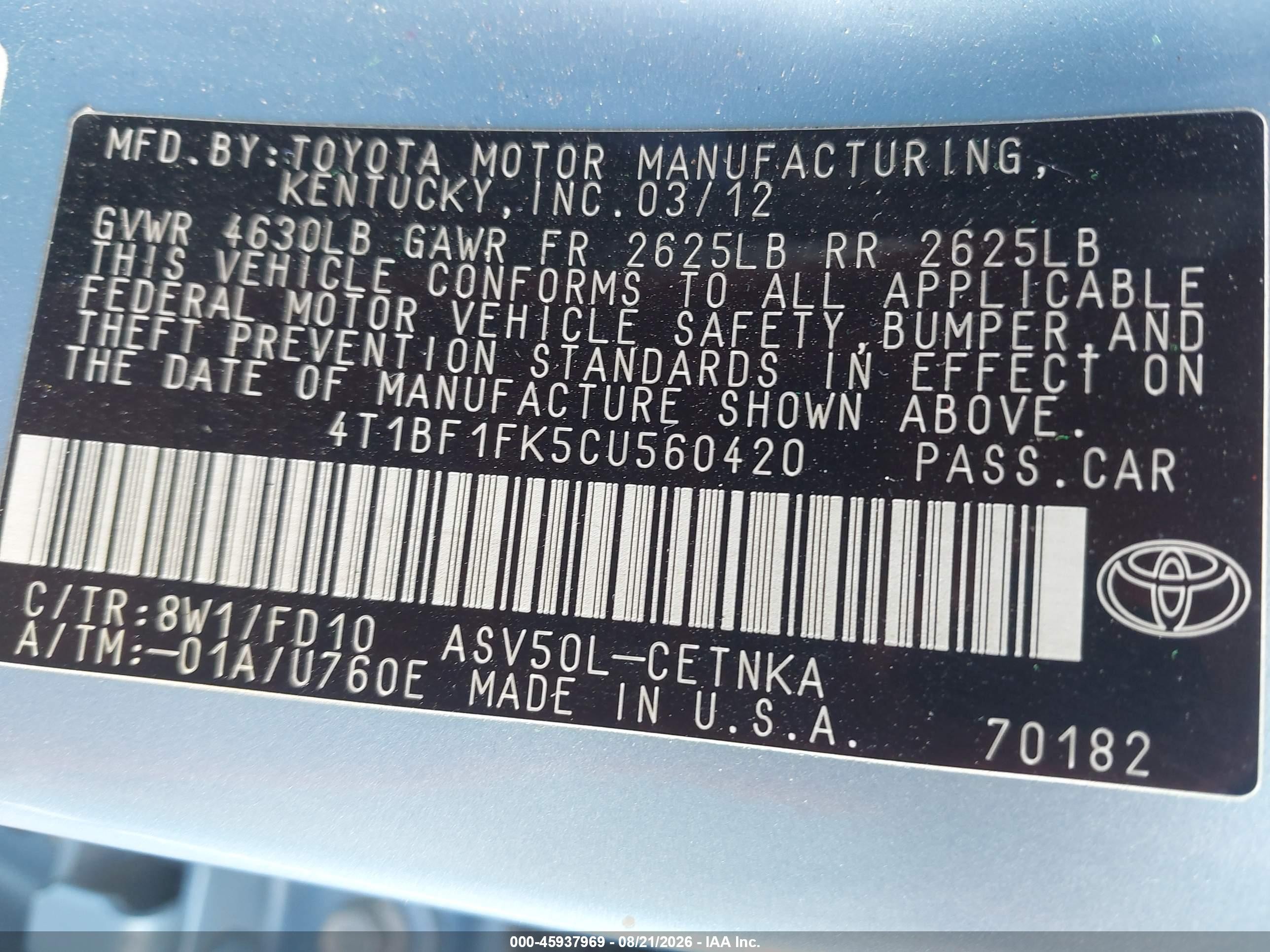 2012 Toyota Camry Le Blue vin: 4T1BF1FK5CU560420