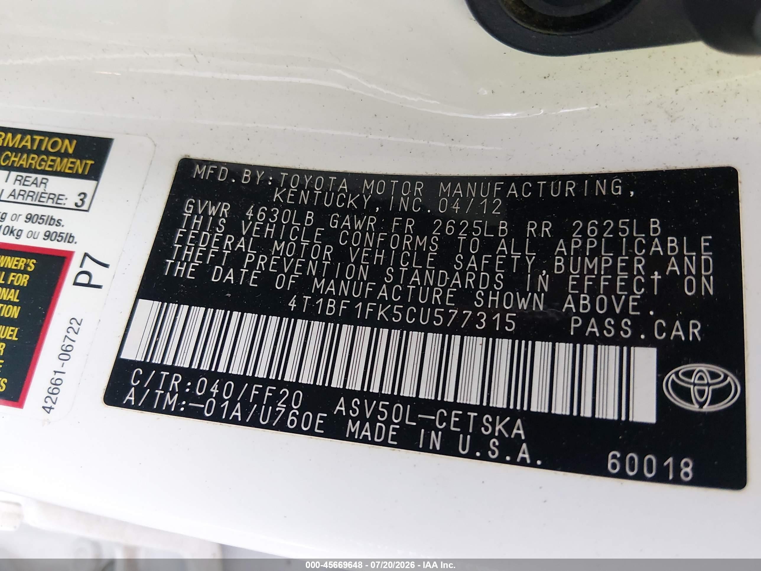2012 Toyota Camry Se White vin: 4T1BF1FK5CU577315