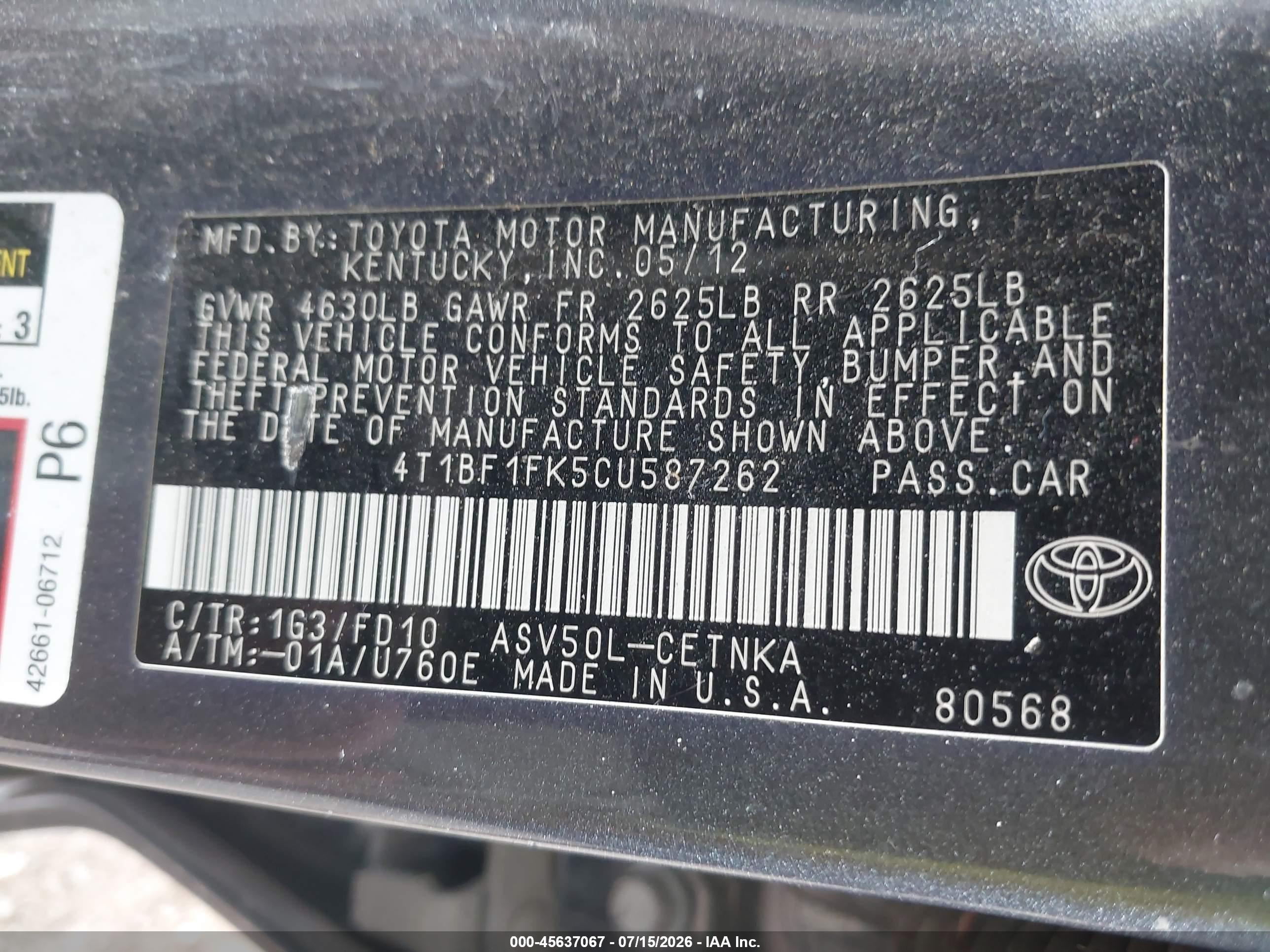 2012 Toyota Camry Le Gray vin: 4T1BF1FK5CU587262