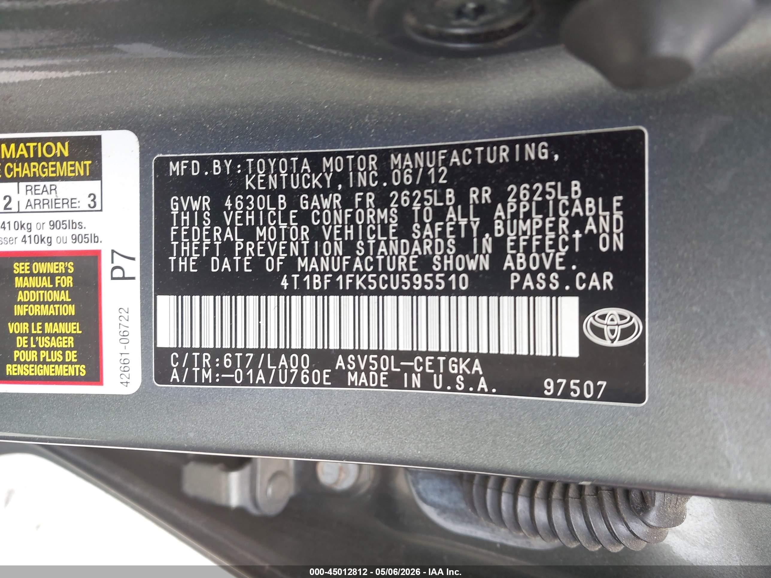 2012 Toyota Camry Xle Зеленый vin: 4T1BF1FK5CU595510