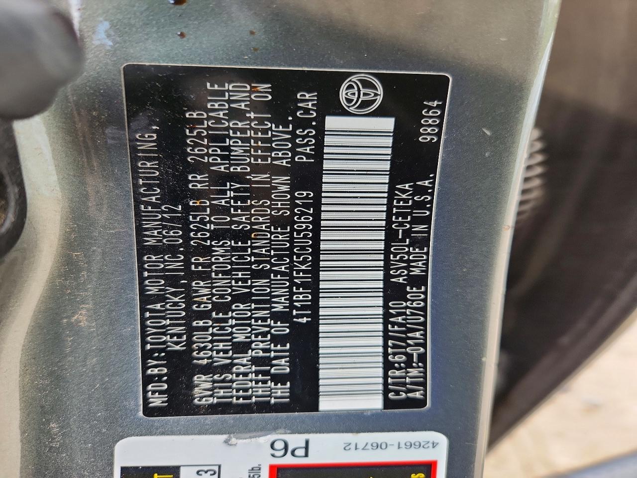 2012 Toyota Camry L Gray vin: 4T1BF1FK5CU596219