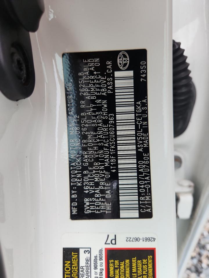 2012 Toyota Camry Xle White vin: 4T1BF1FK5CU607963