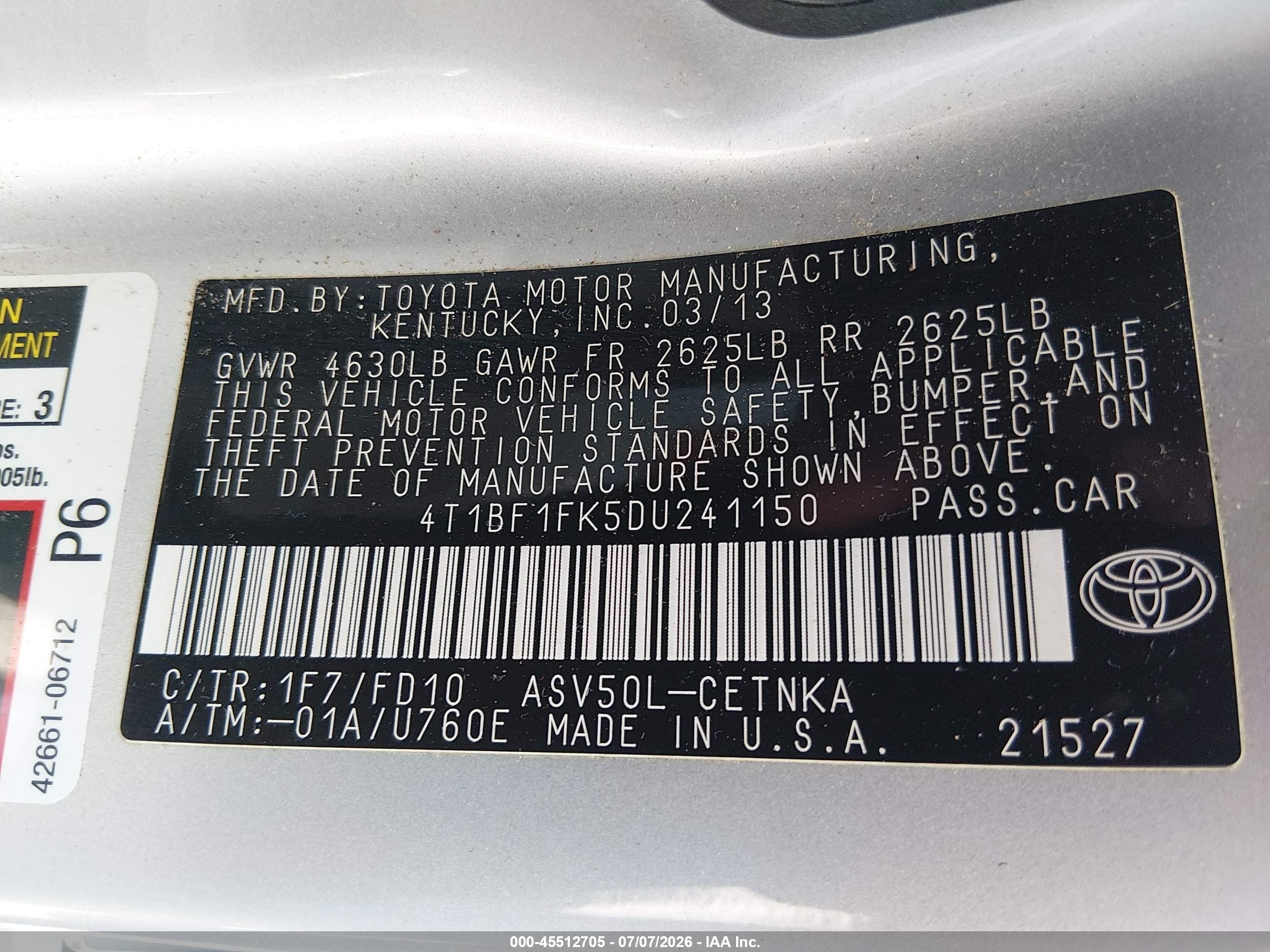 2013 Toyota Camry Le Silver vin: 4T1BF1FK5DU241150