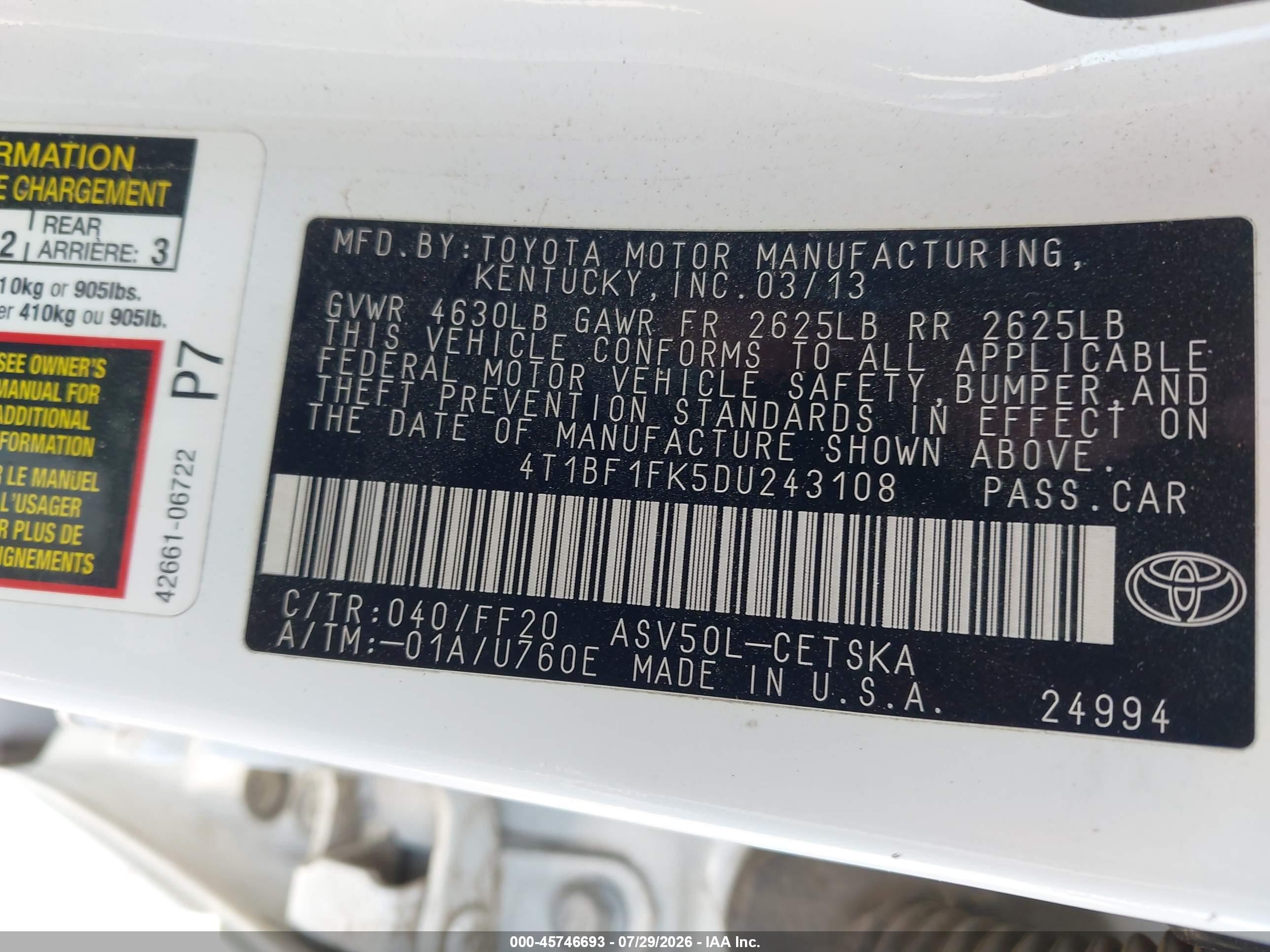 2013 Toyota Camry Se White vin: 4T1BF1FK5DU243108