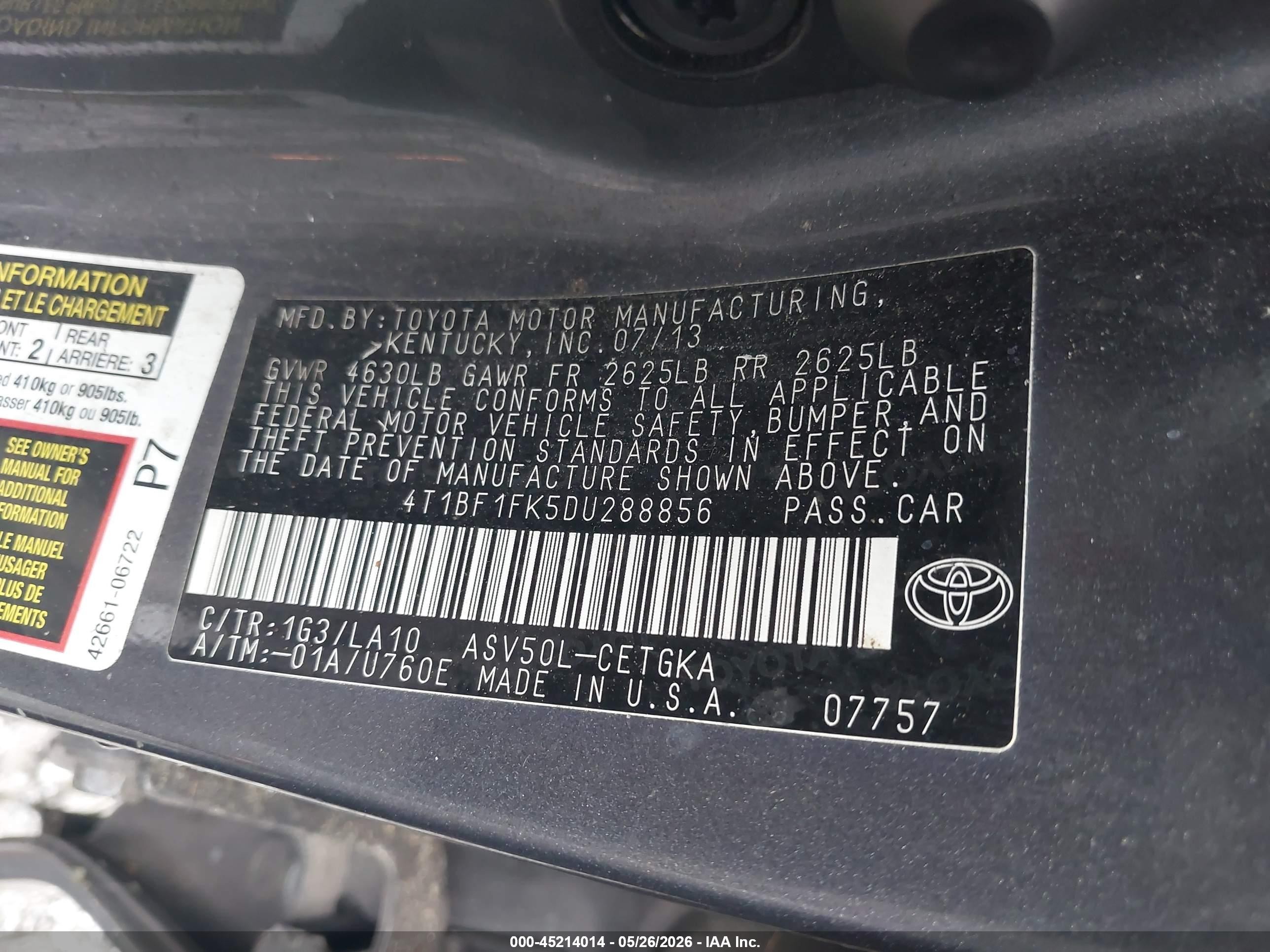 2013 Toyota Camry Xle Gray vin: 4T1BF1FK5DU288856