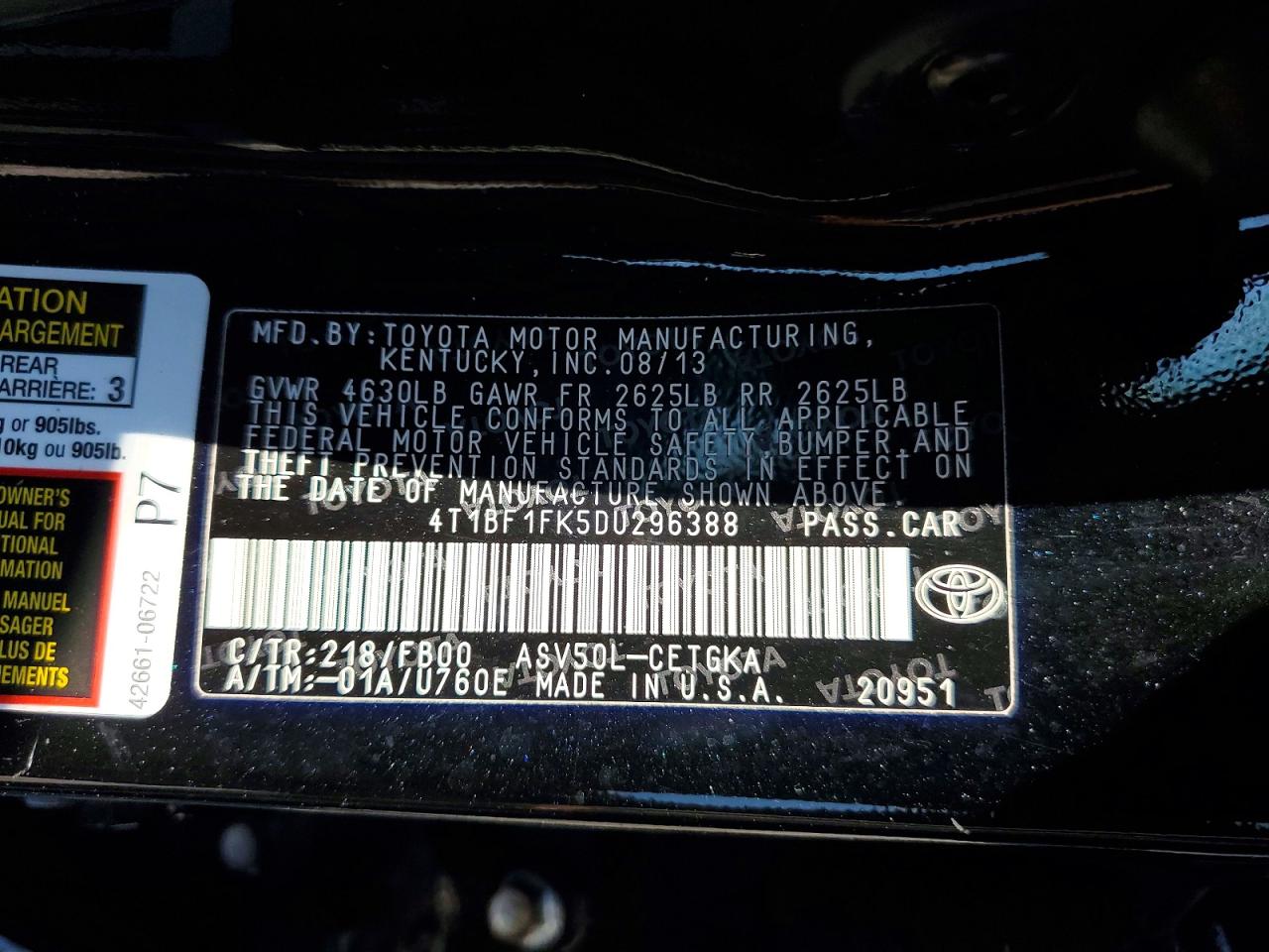 2013 Toyota Camry Xle Black vin: 4T1BF1FK5DU296388
