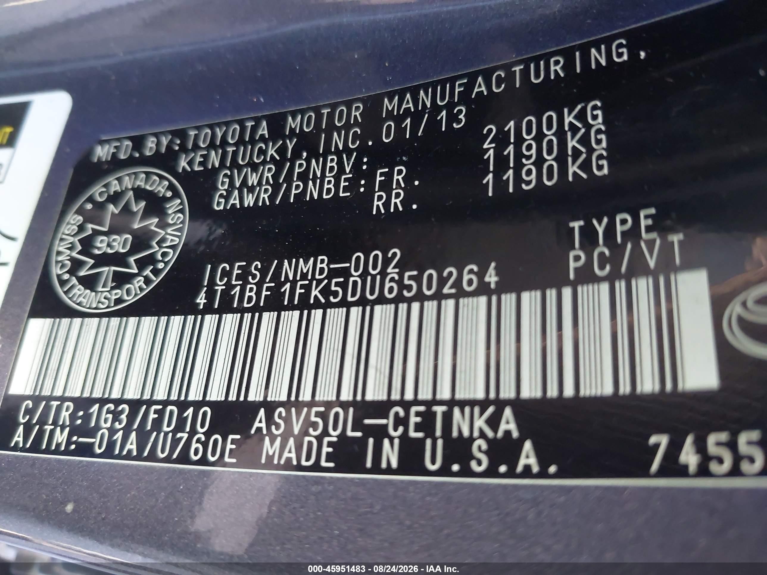 2013 Toyota Camry Le Gray vin: 4T1BF1FK5DU650264