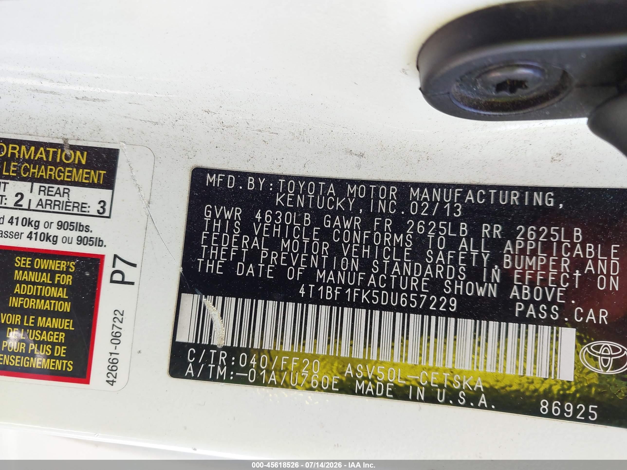 2013 Toyota Camry Se White vin: 4T1BF1FK5DU657229