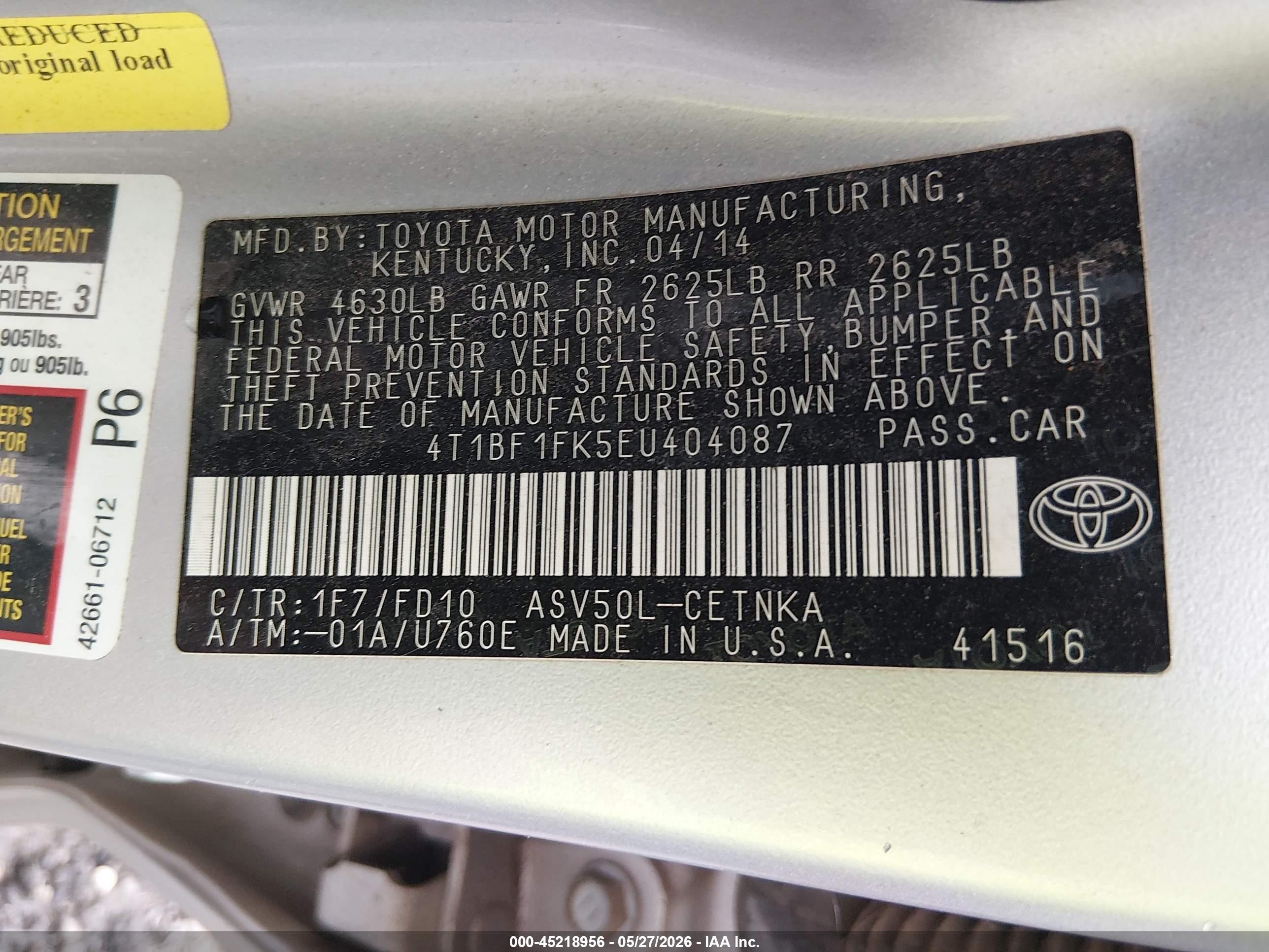 2014 Toyota Camry Le Silver vin: 4T1BF1FK5EU404087