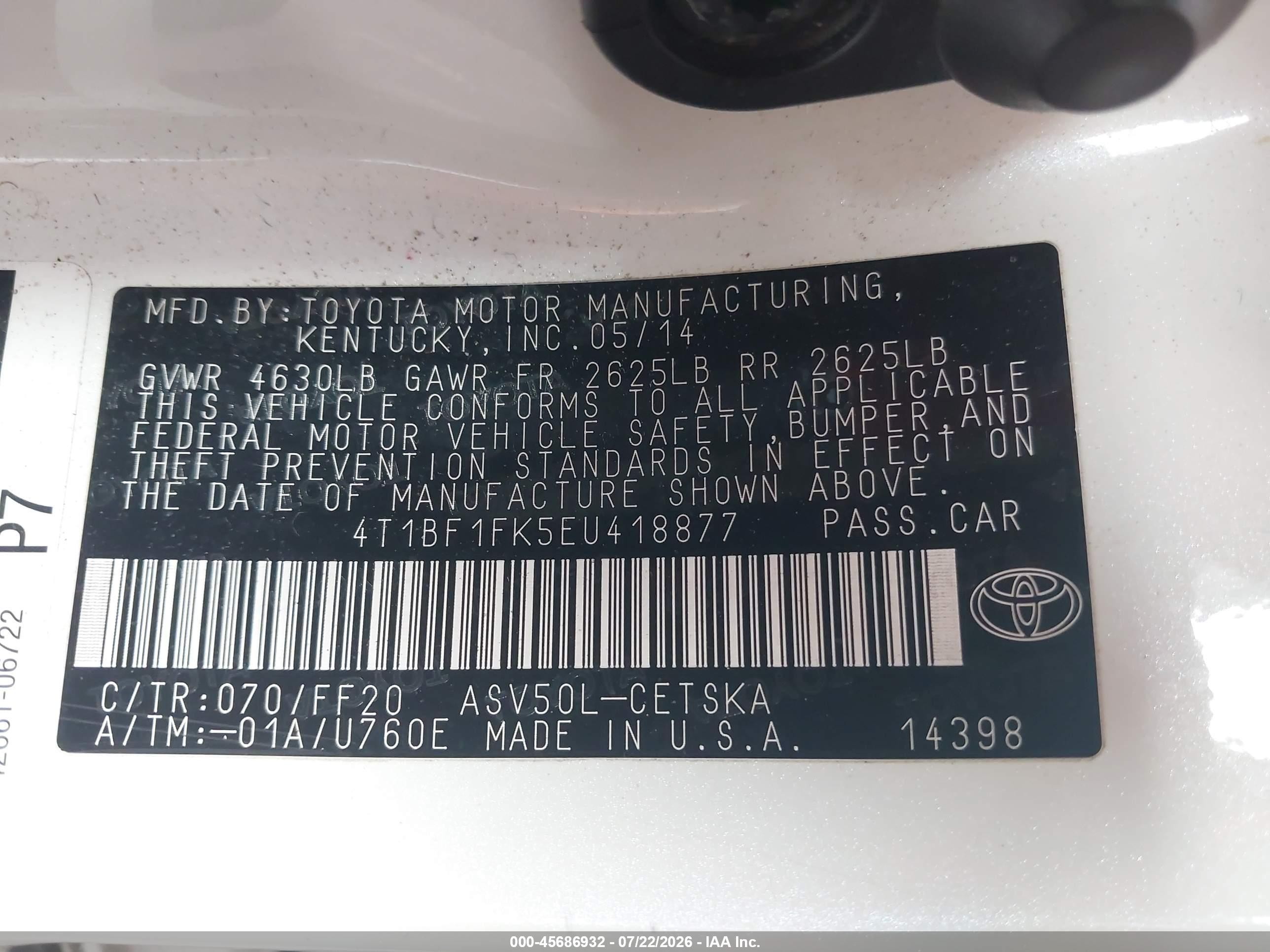 2014 Toyota Camry Se White vin: 4T1BF1FK5EU418877