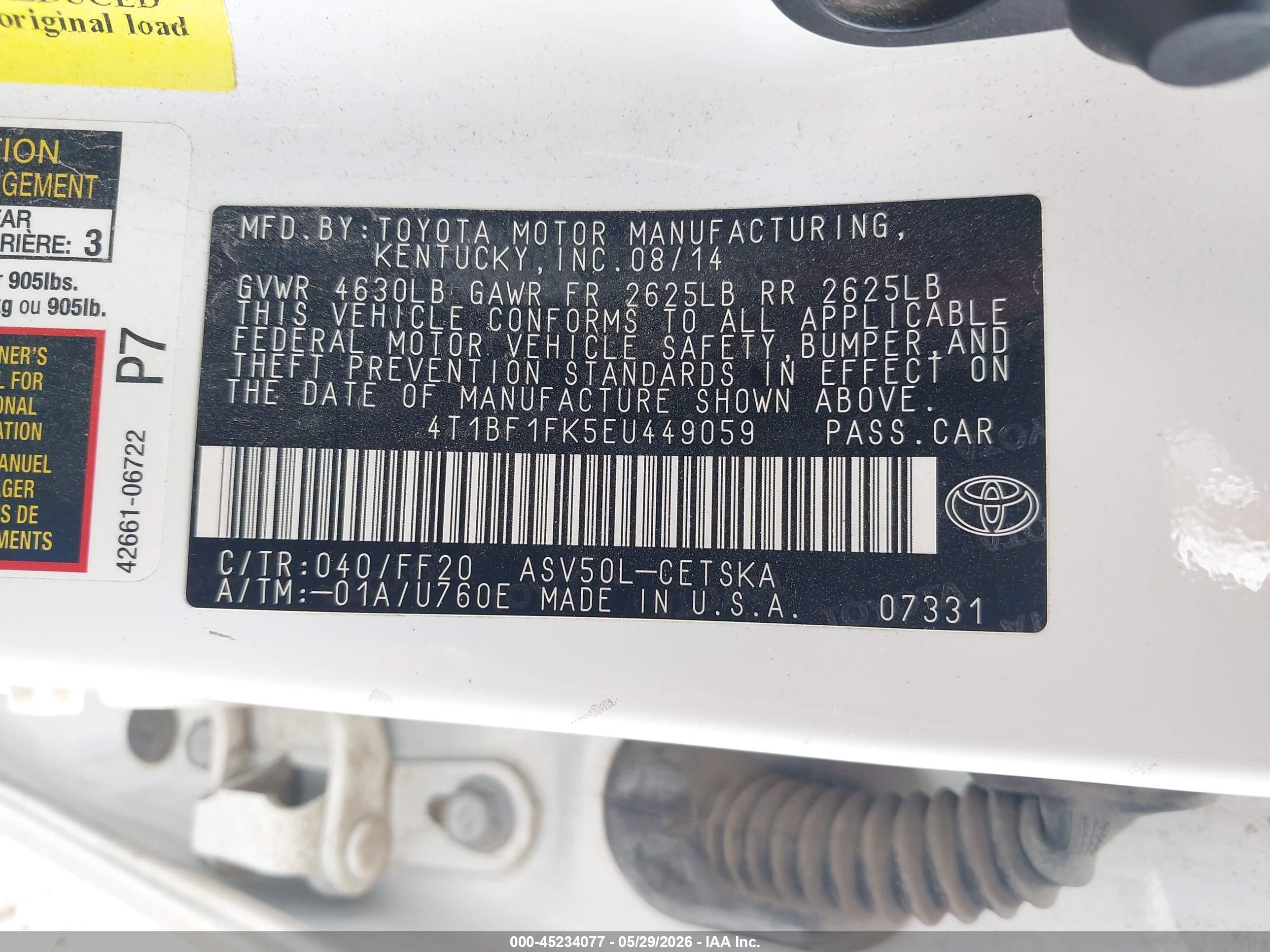 2014 Toyota Camry Se White vin: 4T1BF1FK5EU449059