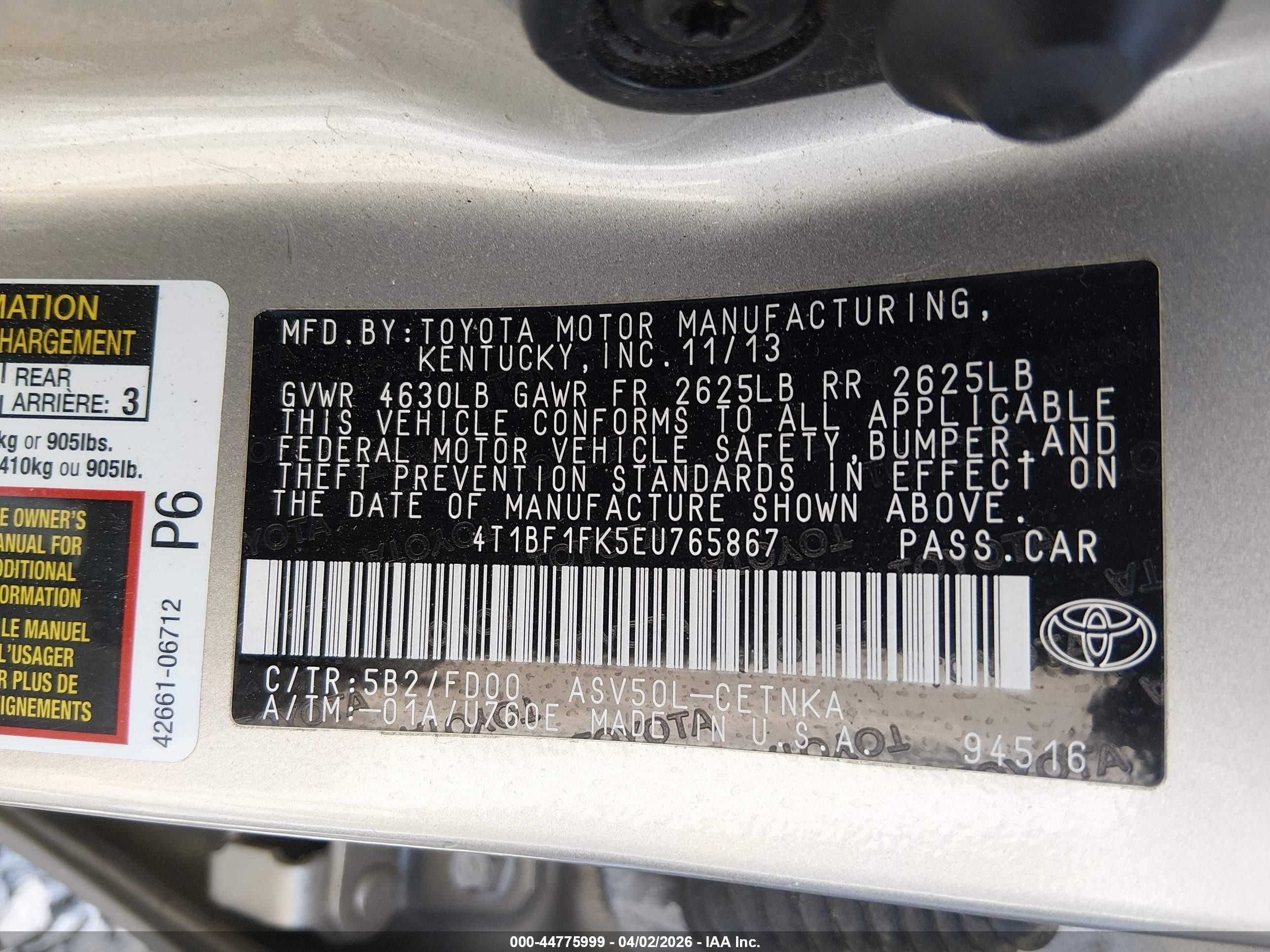 2014 Toyota Camry Le Tan vin: 4T1BF1FK5EU765867