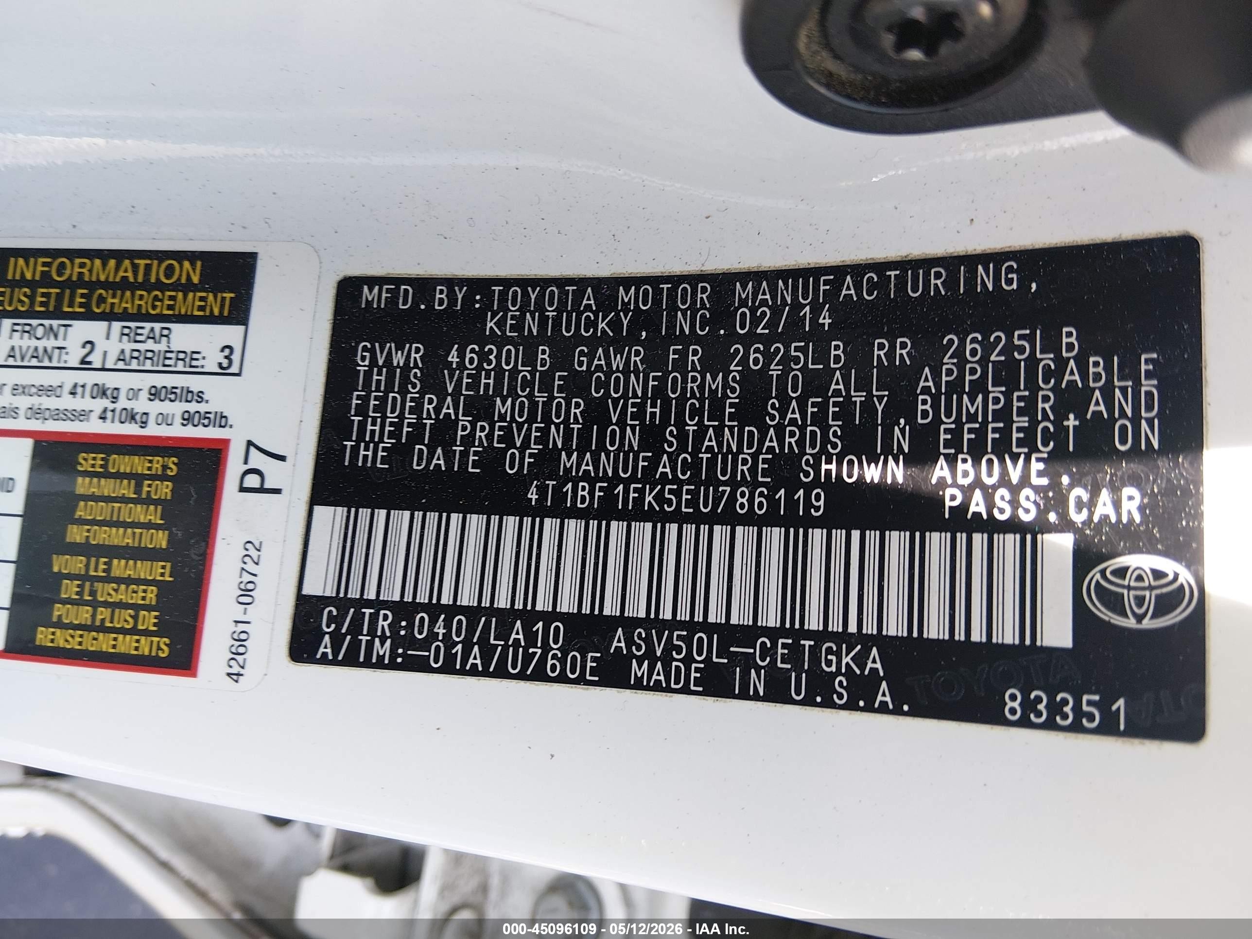 2014 Toyota Camry Xle White vin: 4T1BF1FK5EU786119