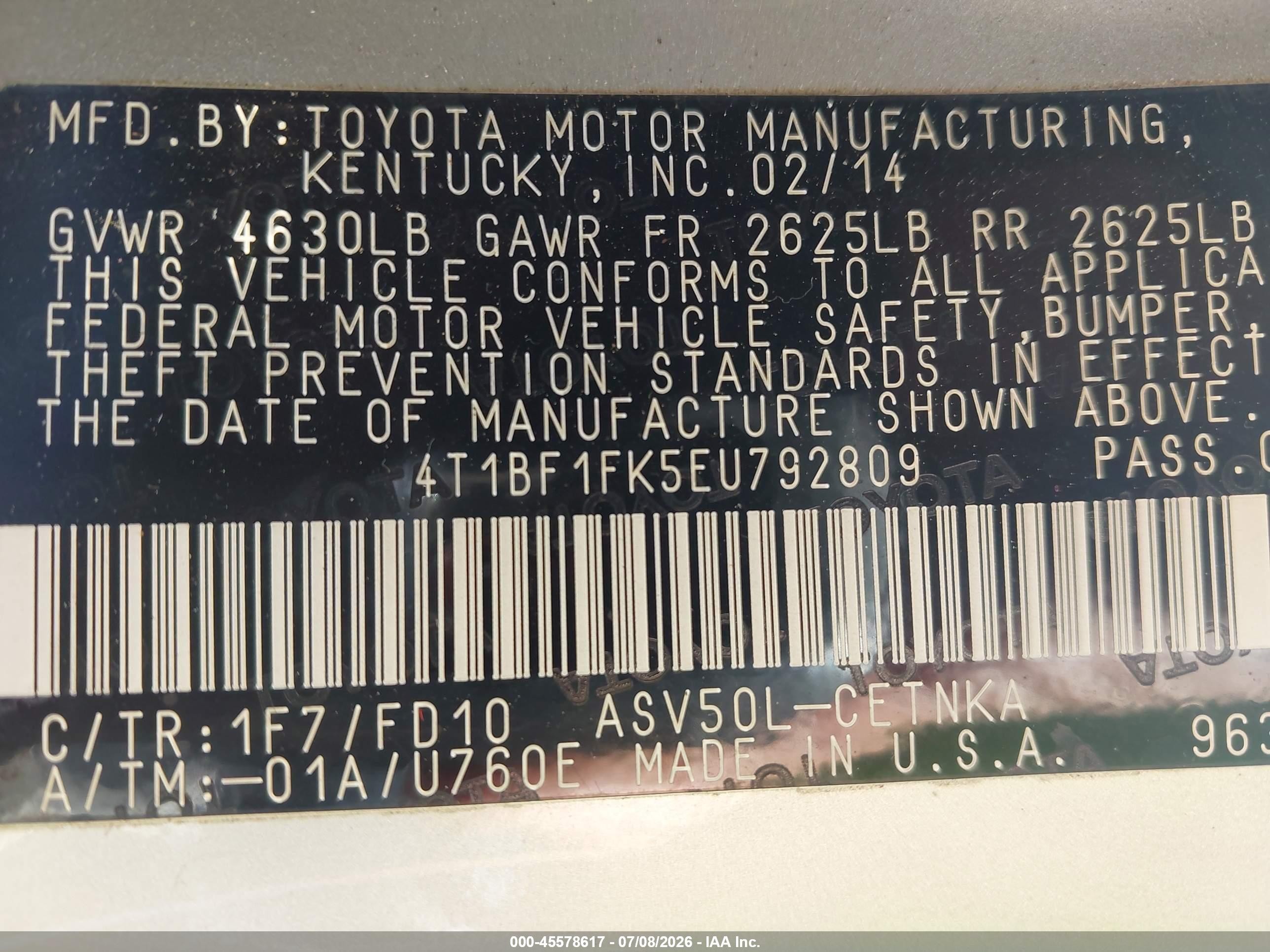 2014 Toyota Camry Le Silver vin: 4T1BF1FK5EU792809