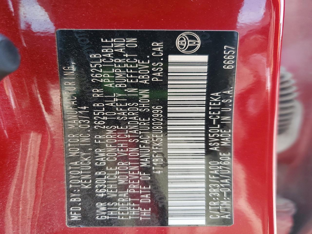 2014 Toyota Camry L Red vin: 4T1BF1FK5EU802996