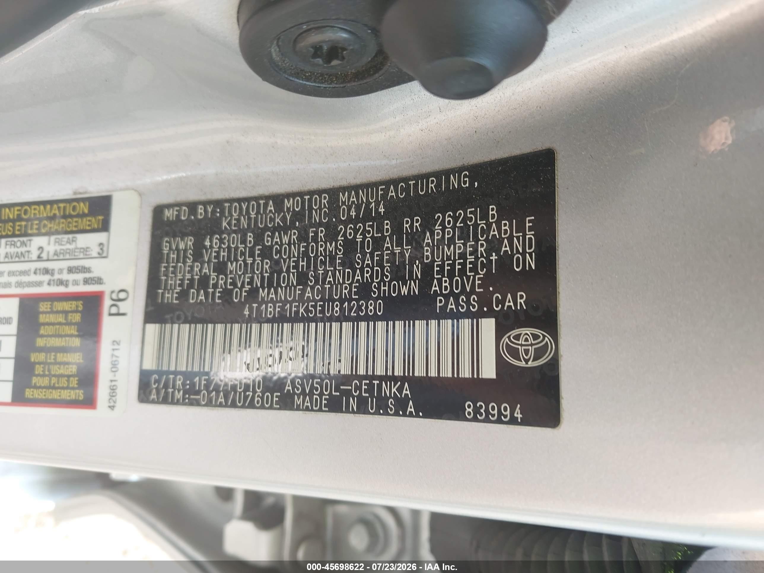 2014 Toyota Camry Le Silver vin: 4T1BF1FK5EU812380